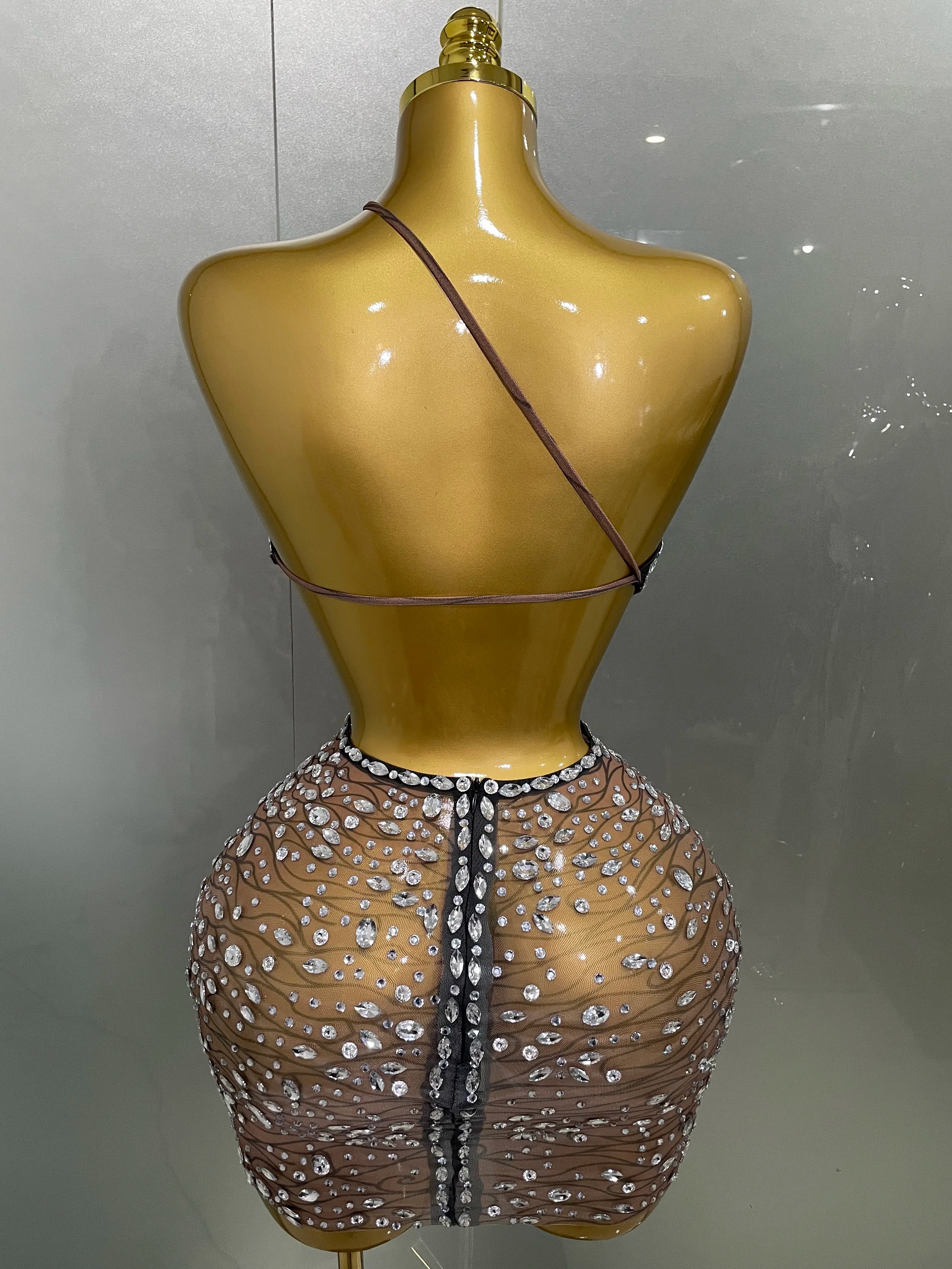 Sexy Shiny Diamond Hollow Out Backless Short Dress Women Evening Celebrate Prom Birthday Party Nightclub Stage Costume