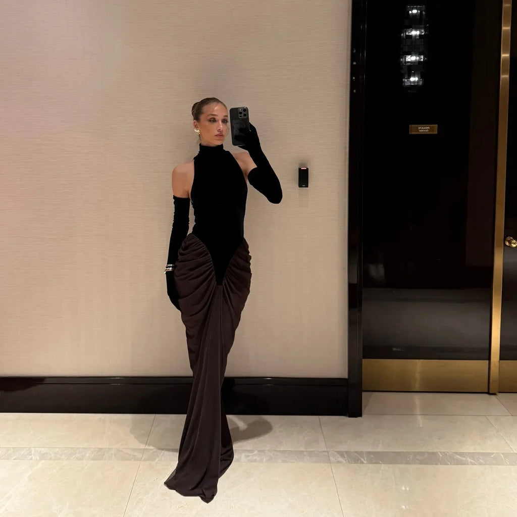Women Sexy Velvet Off the Shoulder Mesh Long Bodycon Dress Gloves Celebrate Nightclub Party Celebrity Outfit