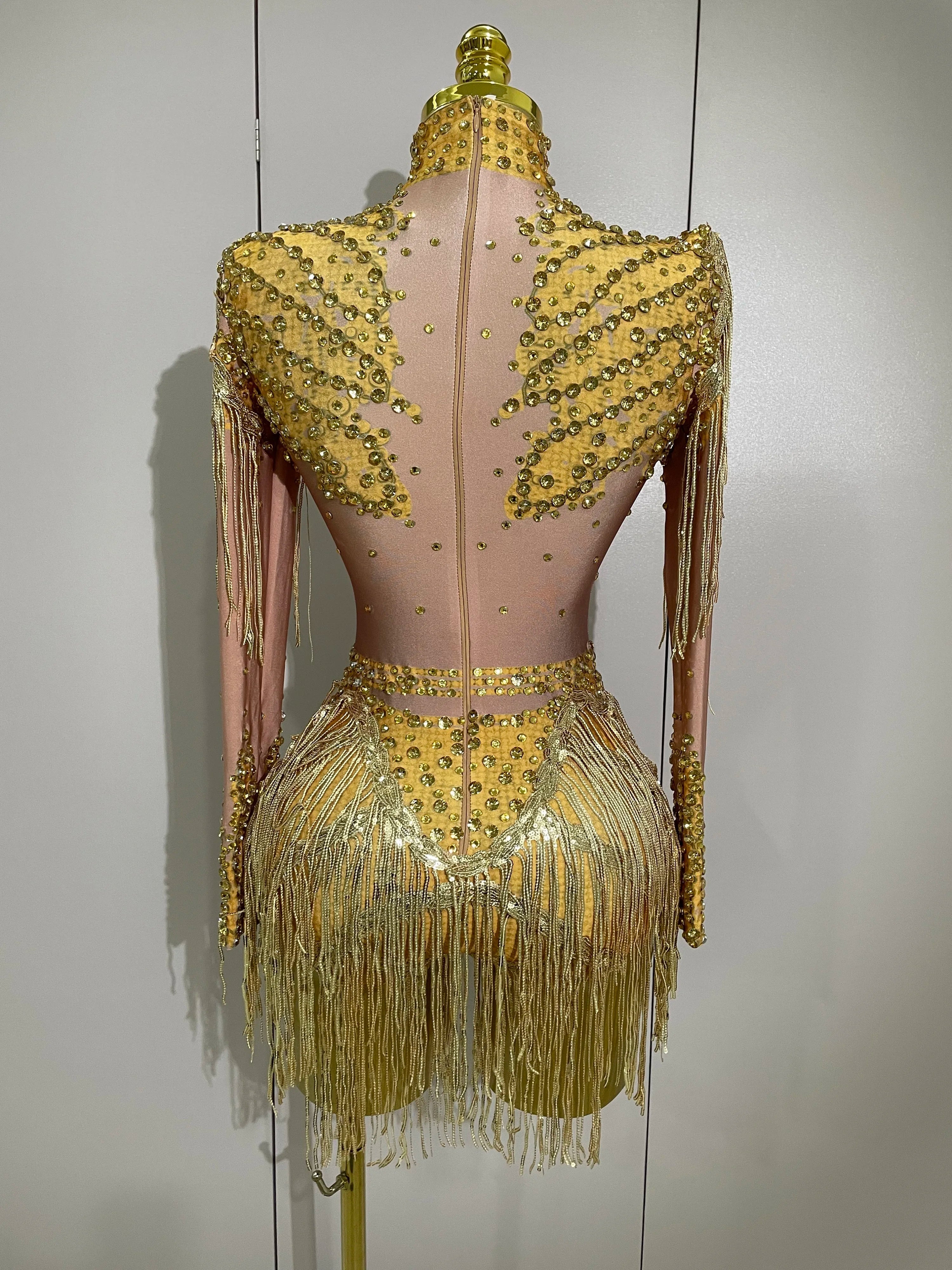 Sparkly Rhinestone Sequin Tassel Stretch Bodysuits  Women Birthday Party Nightclub Dj Stage Performance Costume