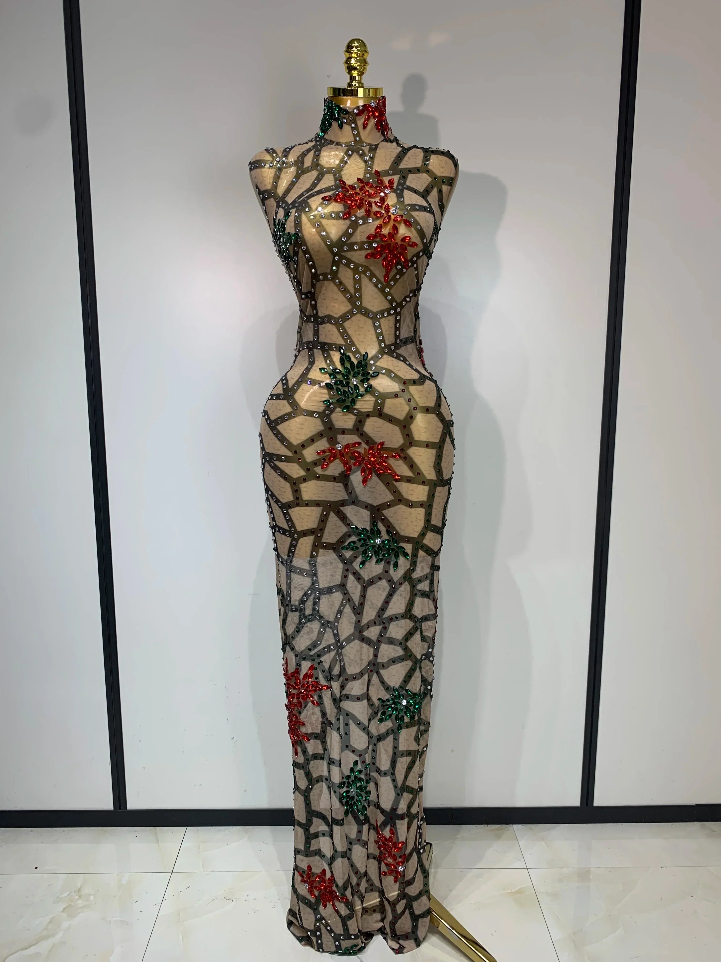 Women Sexy Mesh See Through Sparkly Rhinestone Long Maxi Dress Luxury Birthday Evening Party Prom Gowns Singer Stage Costume MULTI