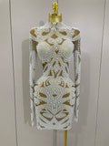 High-end Elegant Evening Gown AB Rhinestones Pearls Luxury Long Sleeves Mesh Dress Women Cocktail party Wedding Costume WHITE