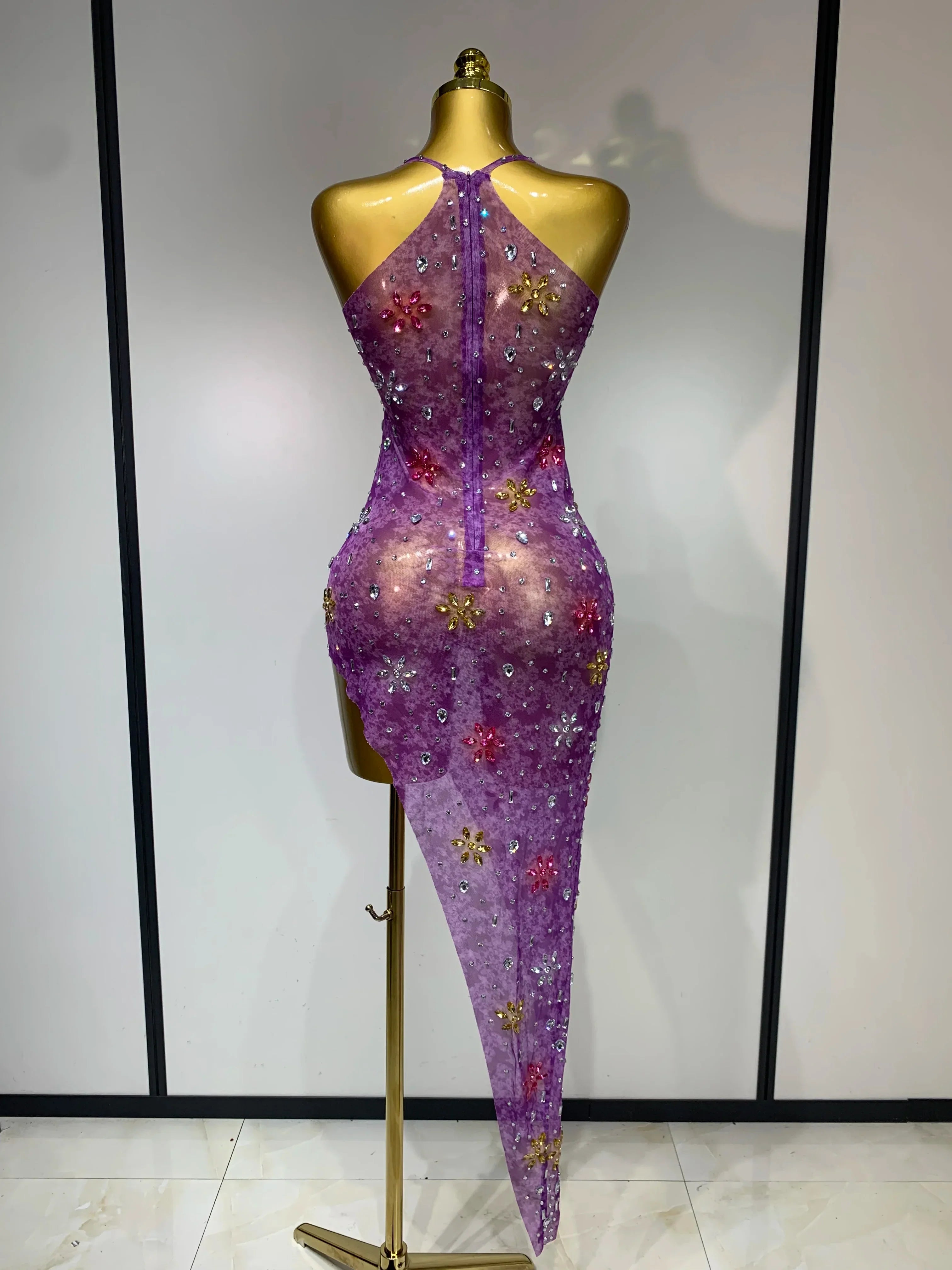 Women Sexy Mesh See Through Stretchy Sparkly Rhinestone Performance Costume Stage Dancer Nightclub Party Luxury Birthday Dress