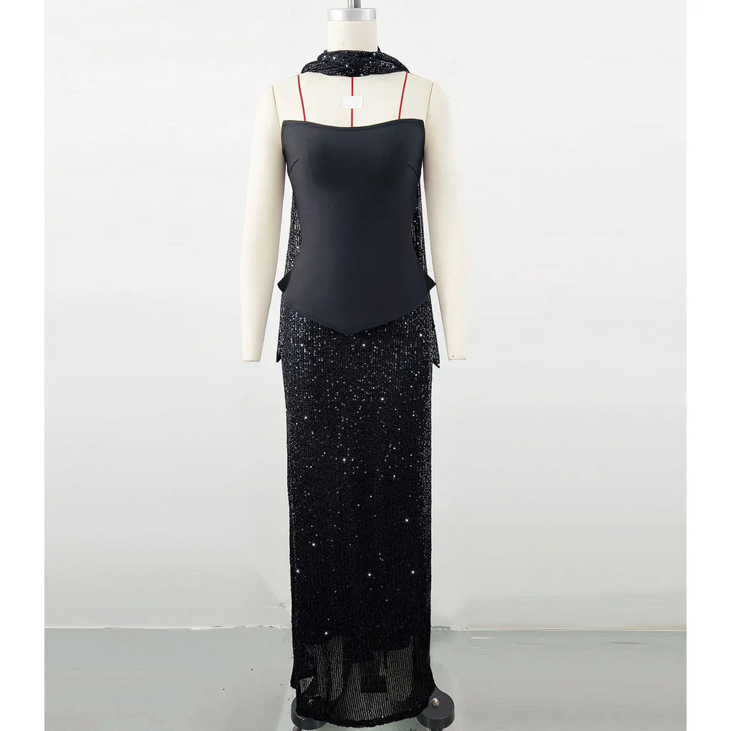 Elegant Women's Light Luxury Dress+Strapless Sleeveless Bodycon Patchwork Long Dress Cocktail Evening Party Vestidos
