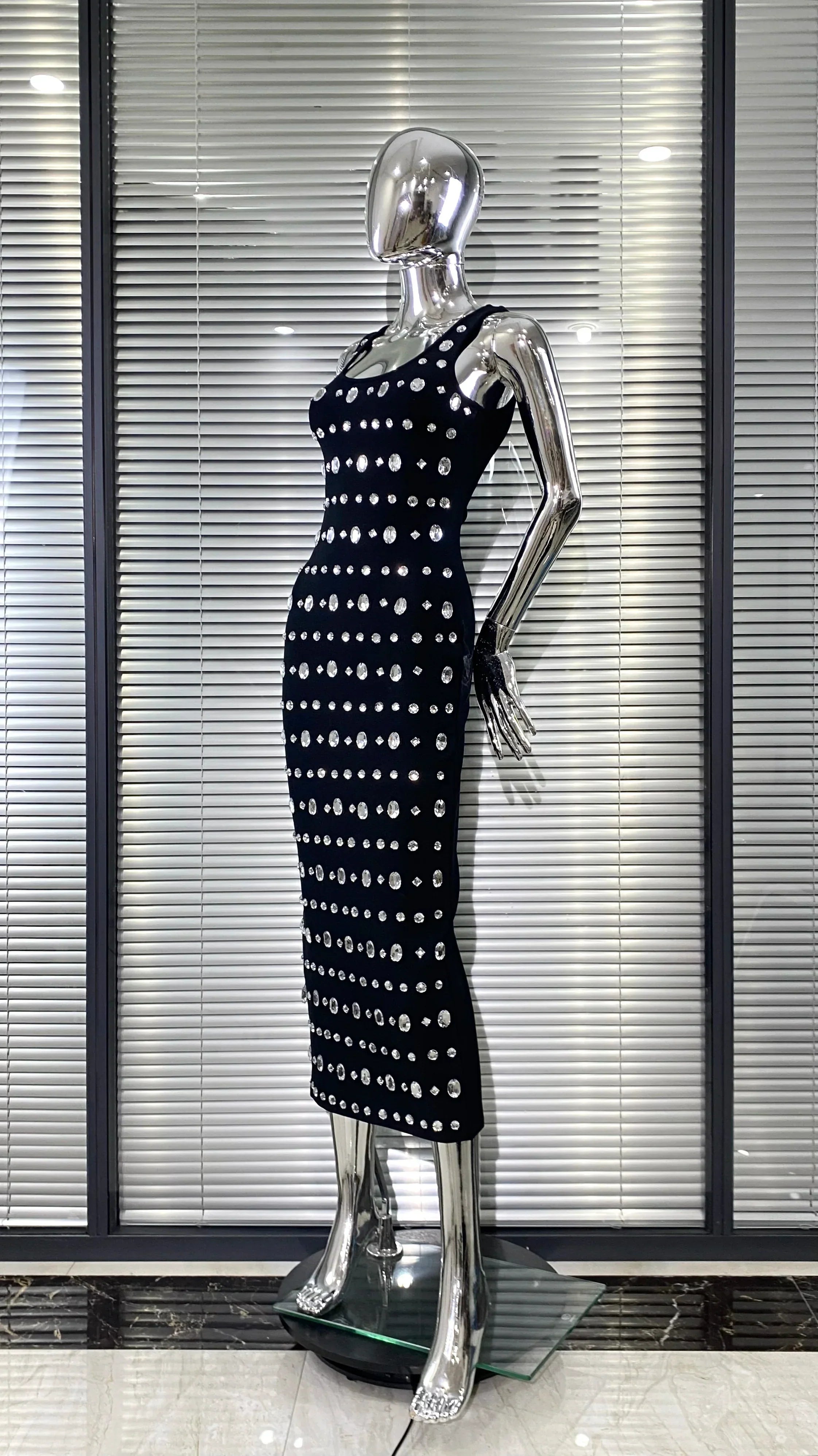 Sparkling Diamonds Sleeveless Package Black Bandage Ankle Length Dress Woman evening Party Dress Celebrity Birthday Party Outfit
