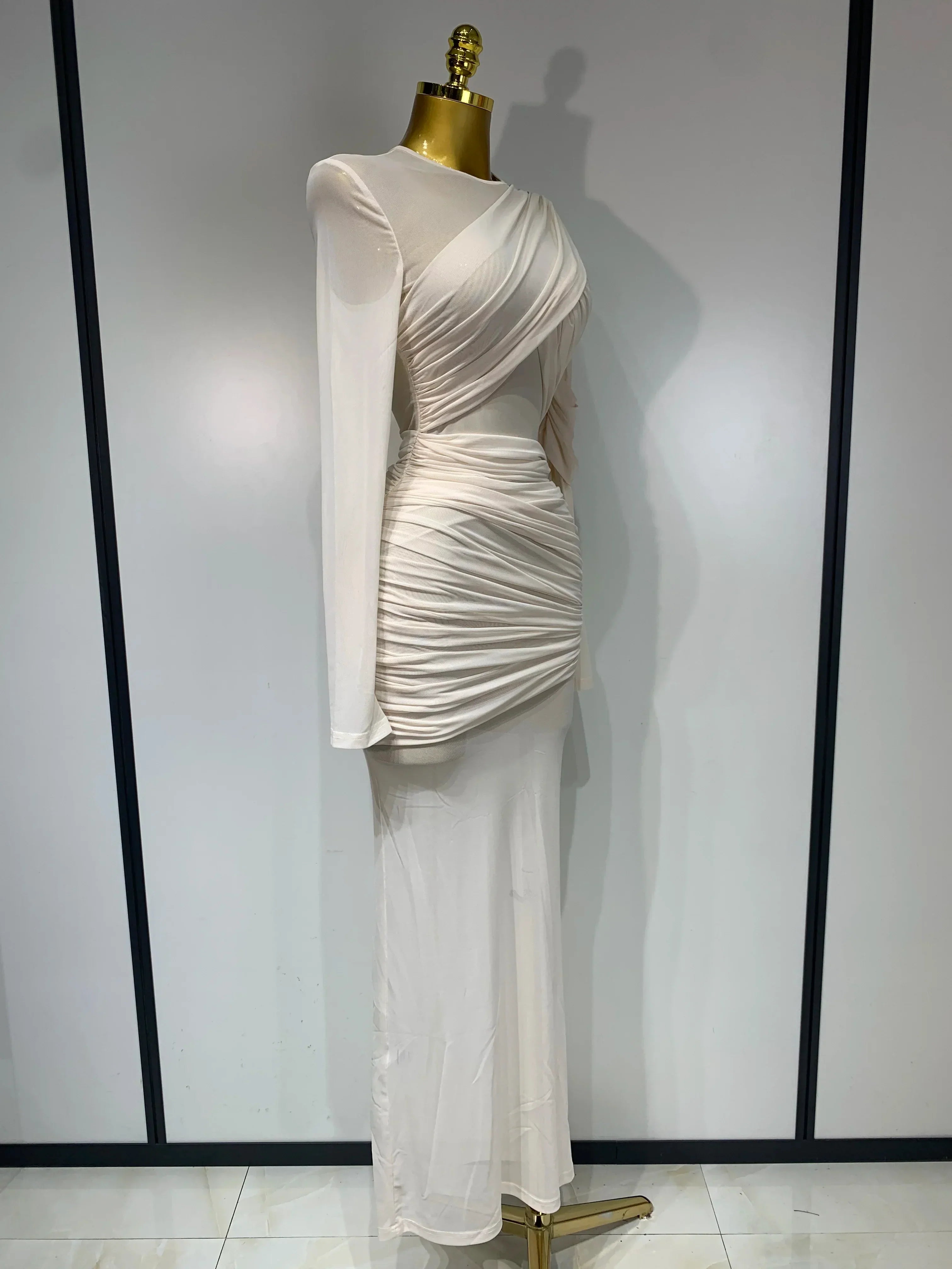 Elegant Mesh Fold Long Sleeve Bodycon Dress Women  Evening Party Club Sexy Perspective Fashion Luxury Birthday Dresses