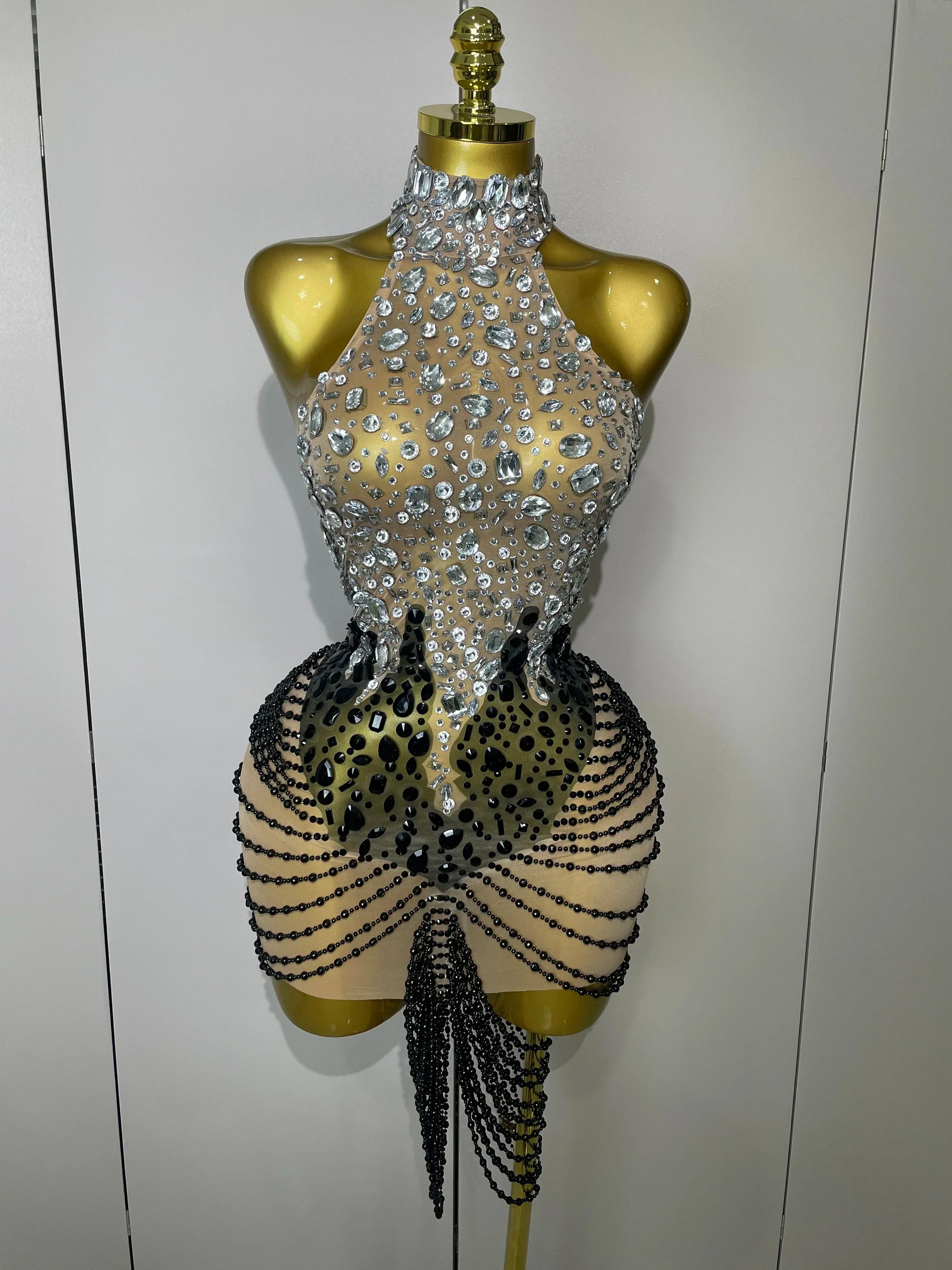 Sparkly Crystals Beading Short Dress Women Sexy Mesh Backless Evening Prom Celebrate Birthday Dress Photo Shoot Wear Silver