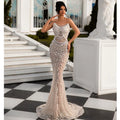 Luxury Pearl String Sexy See Through White Sequins Long Dress Elegant Woman Wedding Party Dress Red Carpet Goddess Vestido Beige