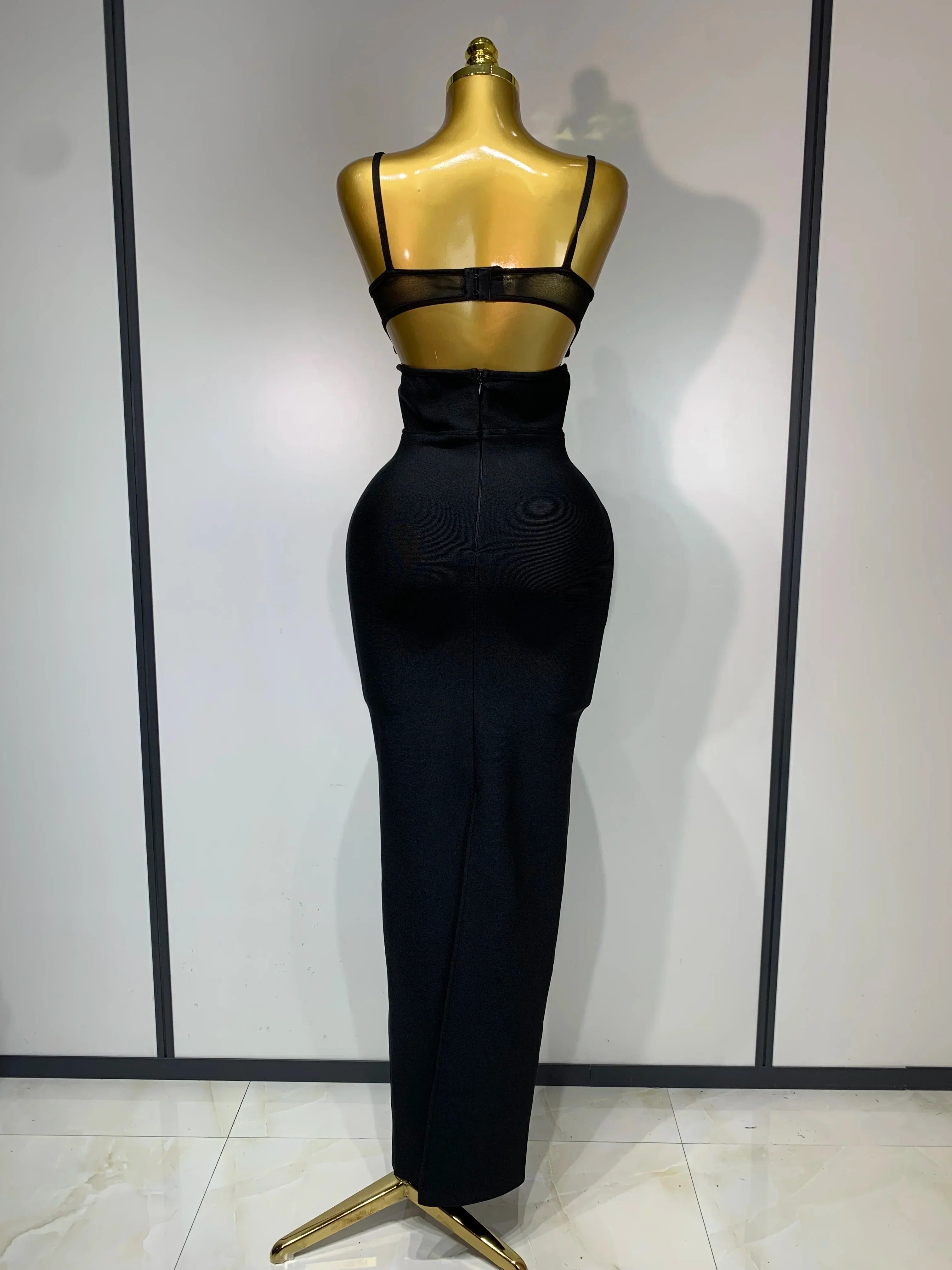 Fashion Black Spaghetti Strap Maxi Long Bandage Dress Mesh Cut Out Elegant Celebirty Bodycon Evening Club Party Birthday Dresses