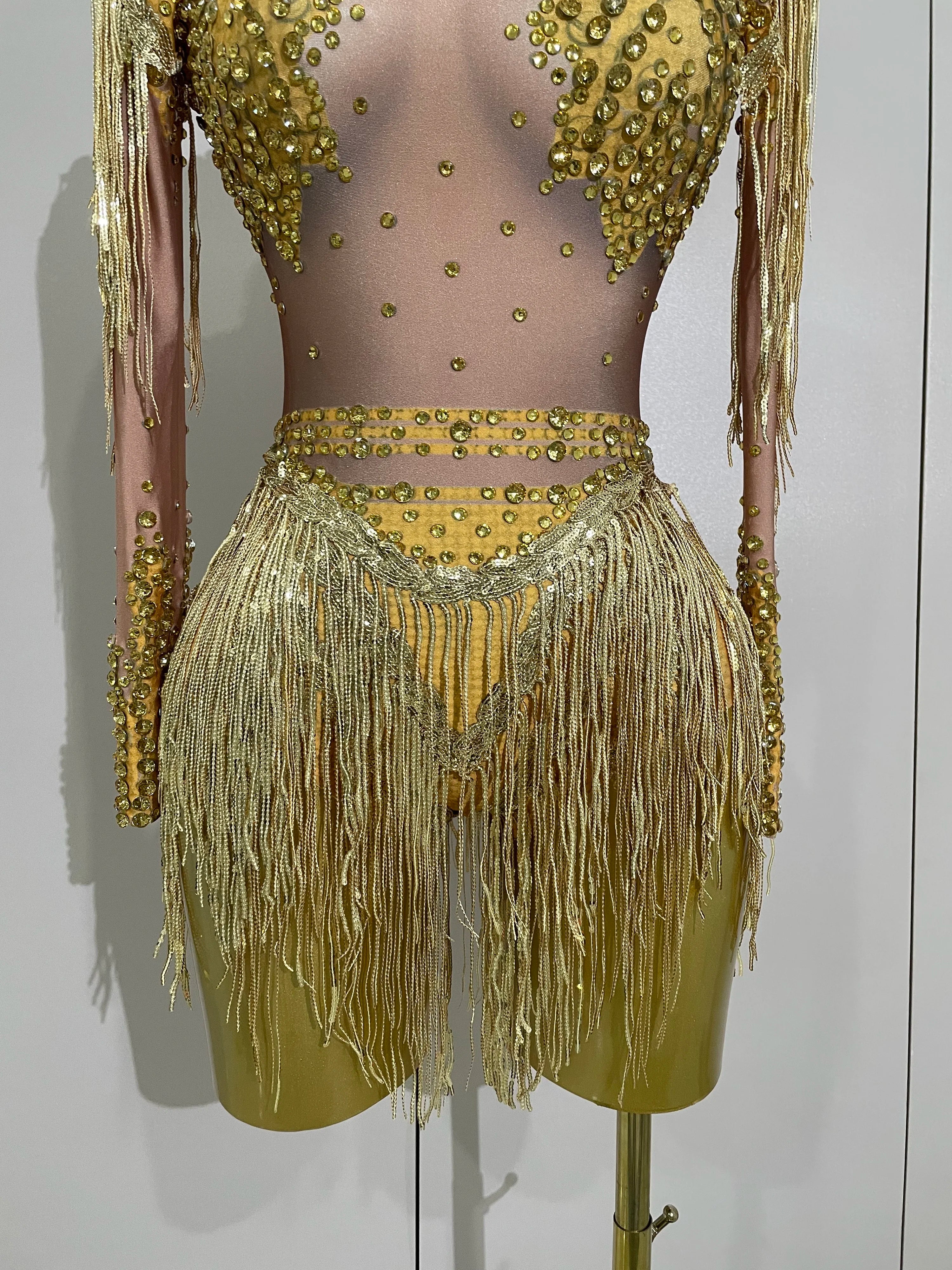 Sparkly Rhinestone Sequin Tassel Stretch Bodysuits  Women Birthday Party Nightclub Dj Stage Performance Costume