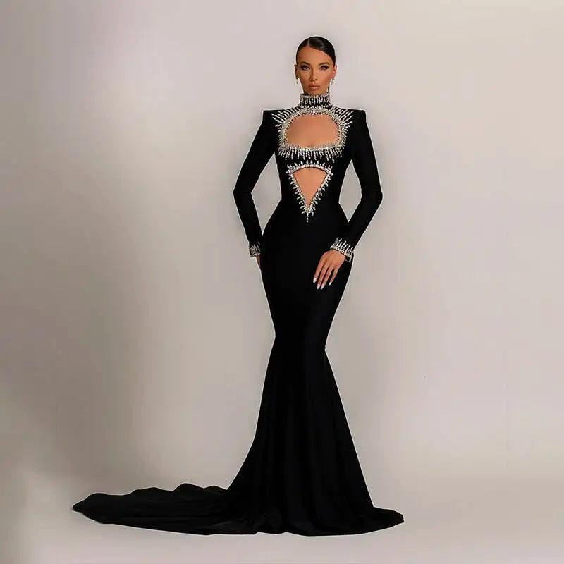 New Winter Style Women Long Sleeve Sexy Mesh Sparkly Crystal Bodycon Long Bandage Dress Fashion Celebrate Evening Party Dress