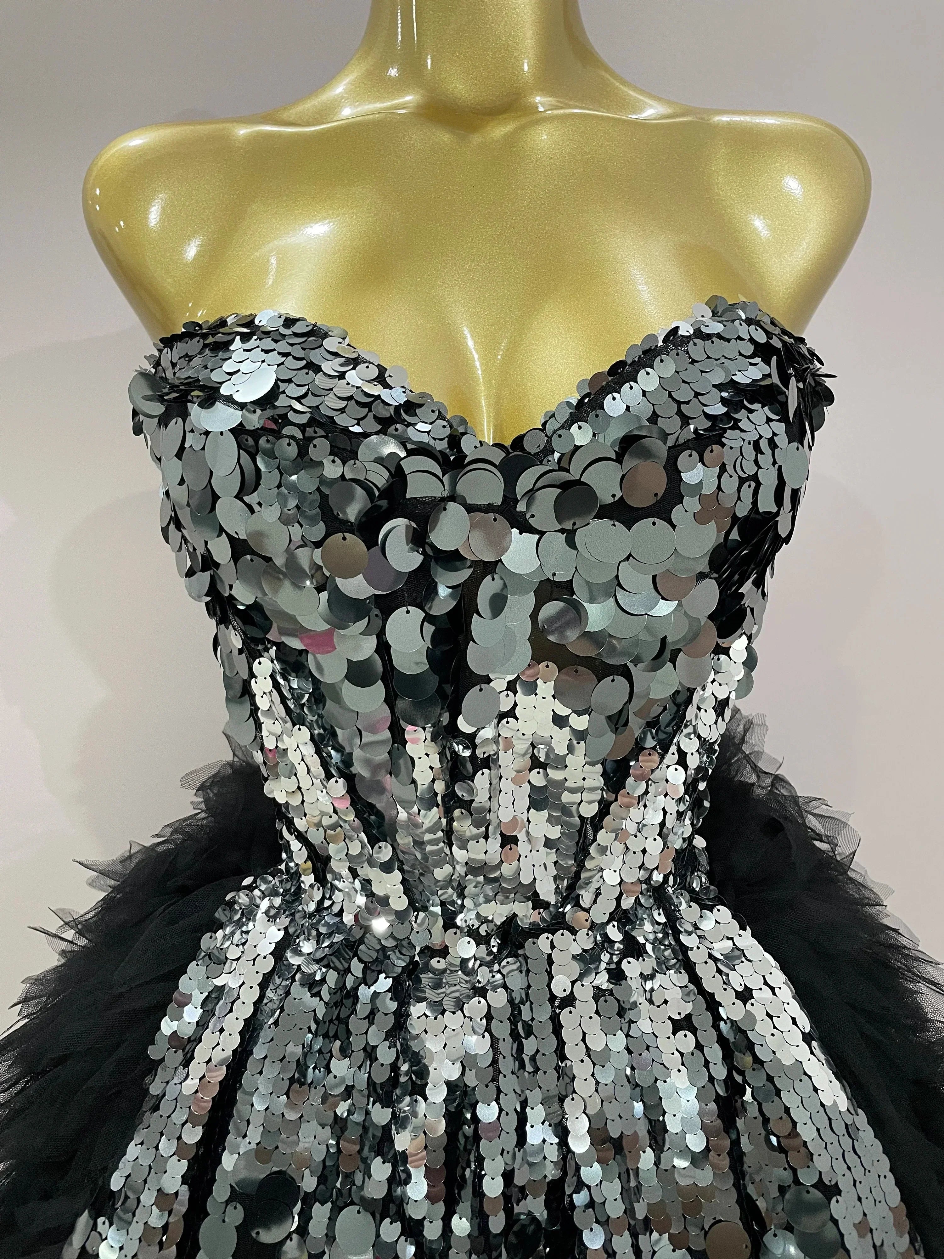 Sparkly Black Sequins Two Pieces Set  Women Party Evening Prom Celebrate Birthday Dress Nightclub Photo Shoot Stage Costume