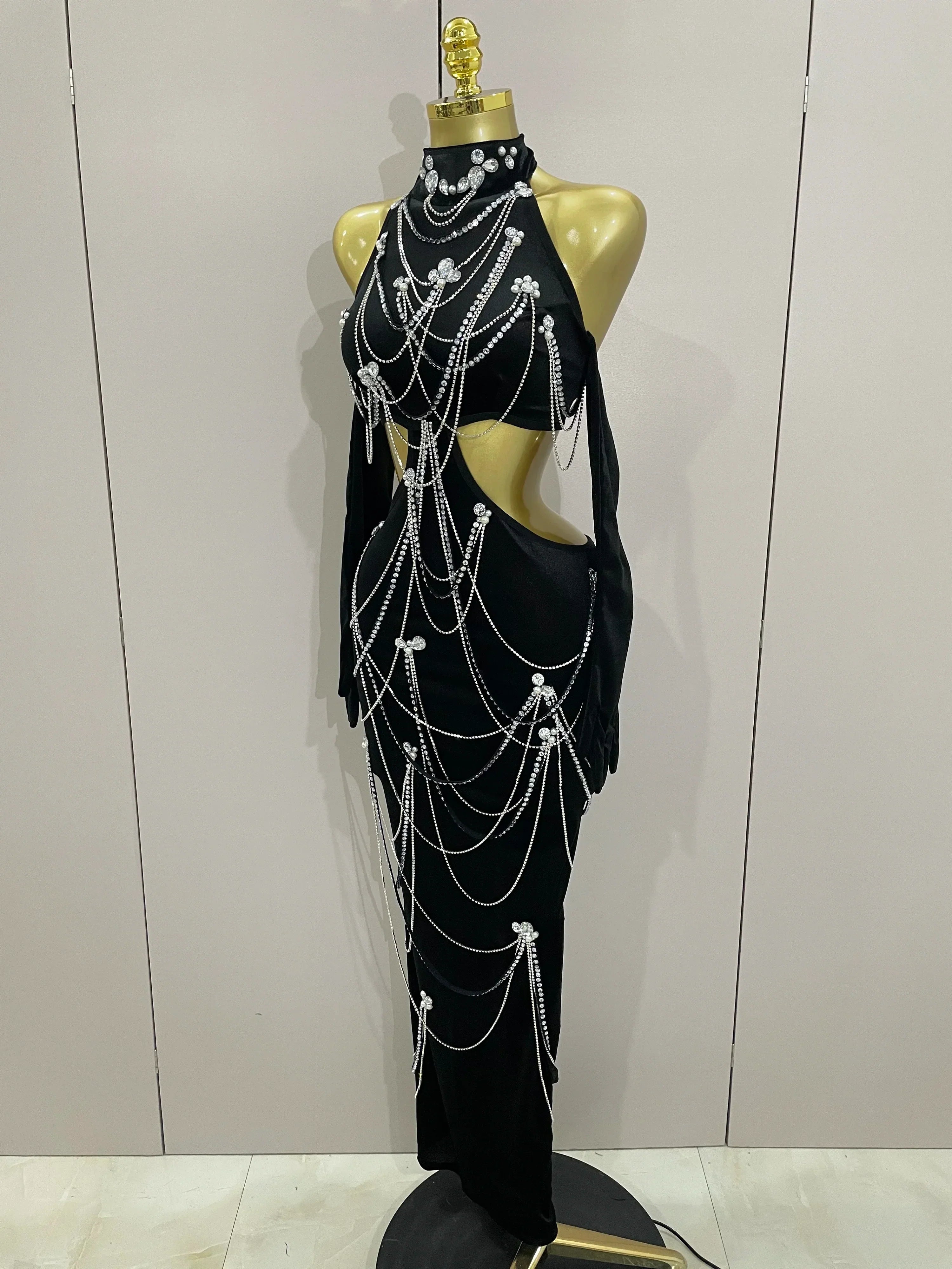 Women Sparkly Diamonds Tassels Chain Balck Sexy Halter Backless Long Dress Evening Birthday Party Celebrate Stage Costume