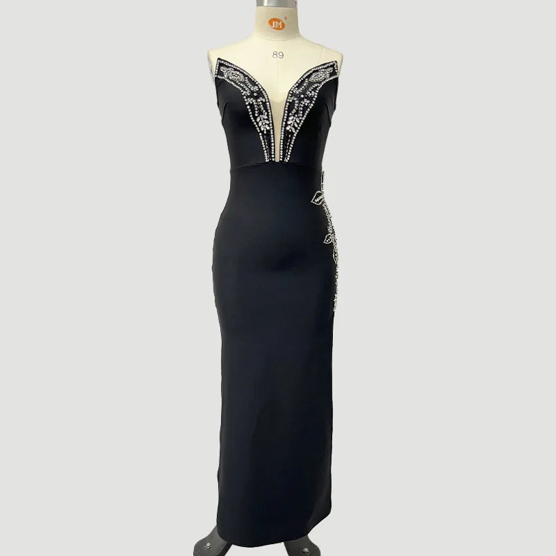 Women Shinning Crystal Strapless Off the Shoulder Bodycon Long Bandage Dress Elegant Evening Party Birthday Outfit black