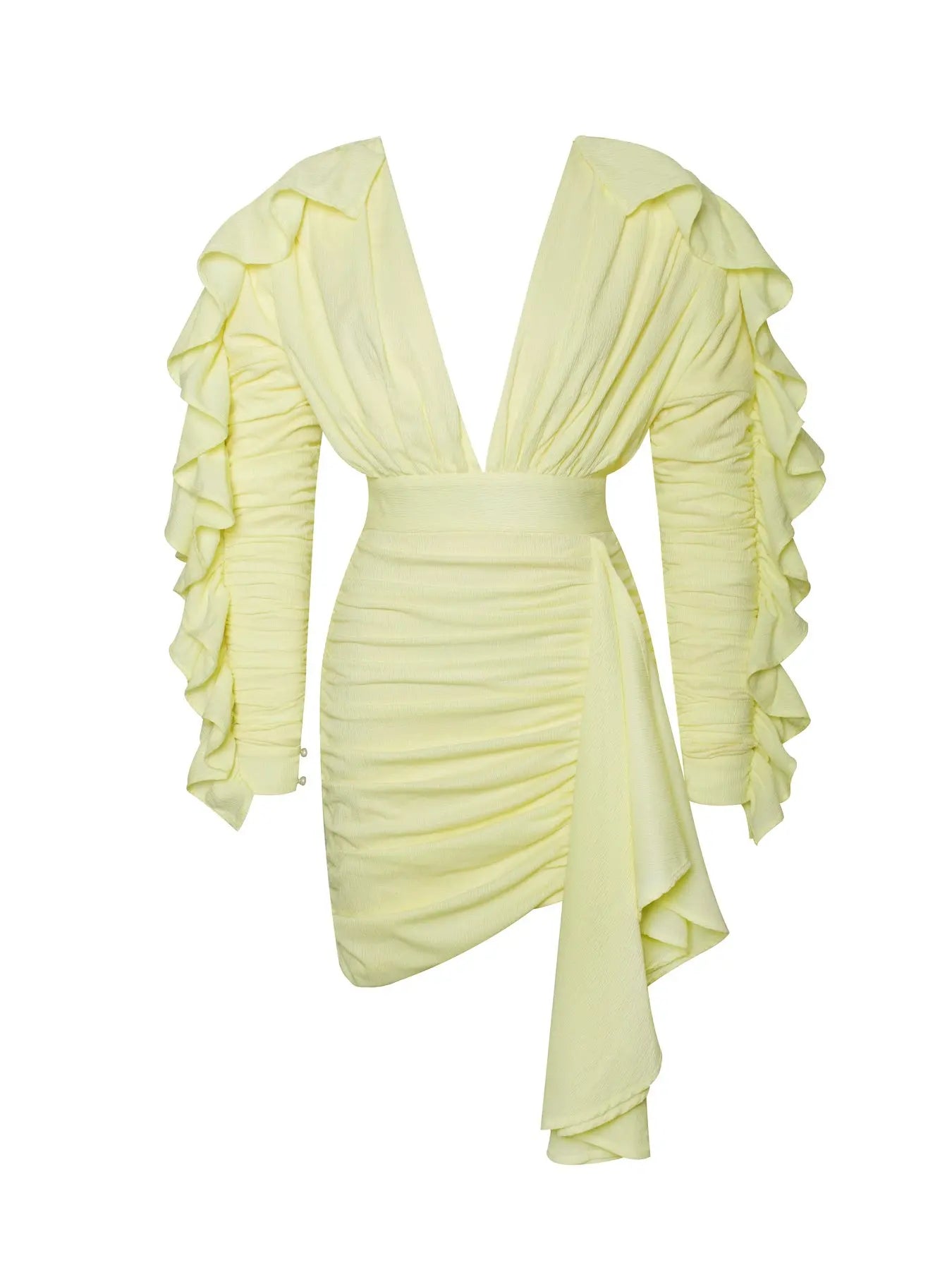 New Yellow Green Women Butterfly Sleeve Sexy Deep V-Neck Bodycon Mini Dress Fashion Nightclub Party Dress Light Yellow