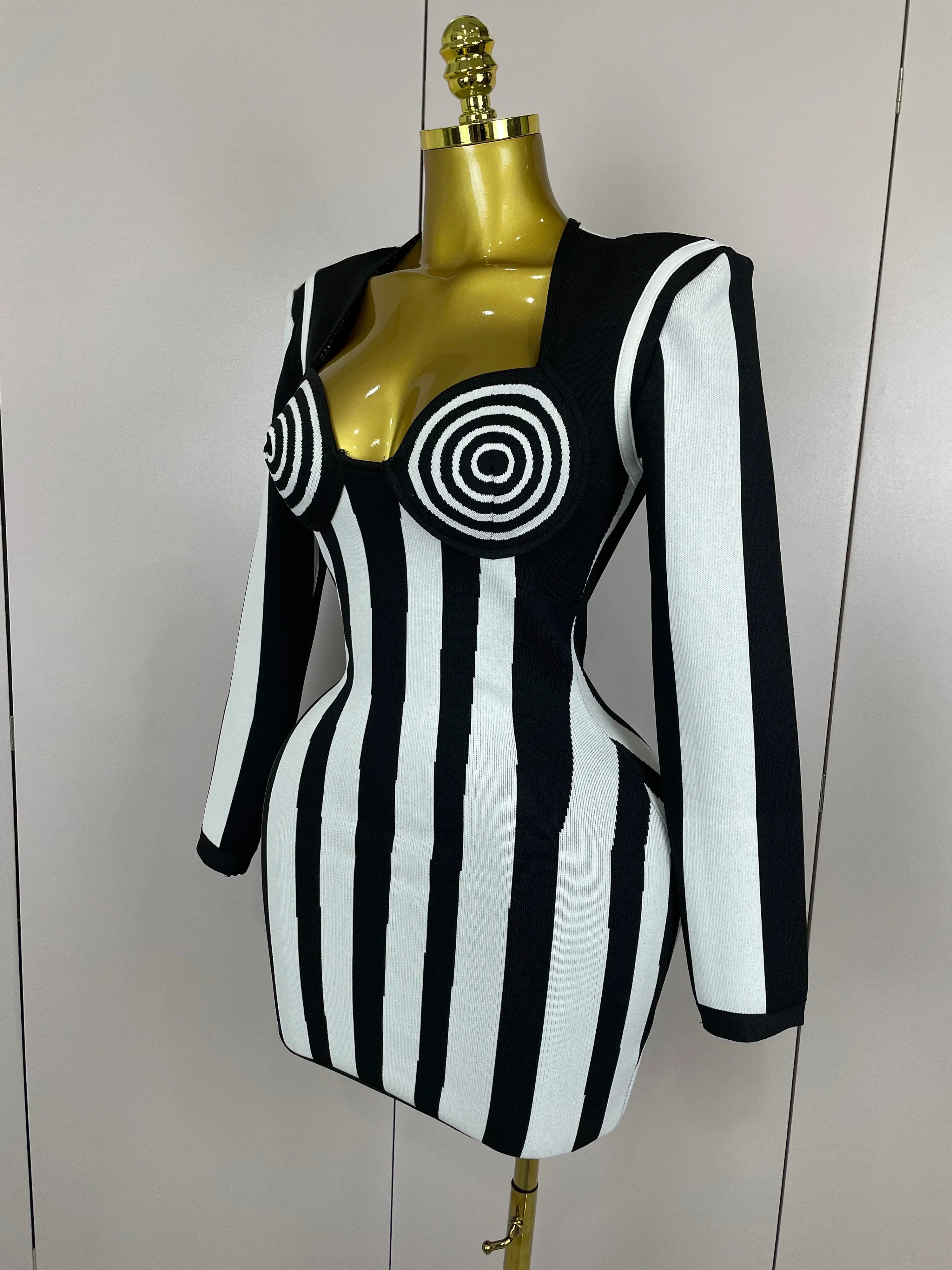 Luxury Sexy Long Sleeve Stripe Black White Mini Bandage Dress Women Knitted Celebrity Elegant Evening Club Birthday Dresses