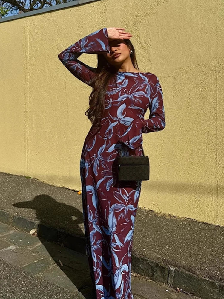 Retro Printed O neck Holiday Dress Women Elegant Full Sleeve Waist cinching Long Dresses Female 2025 Summer Chic Street Vestidos
