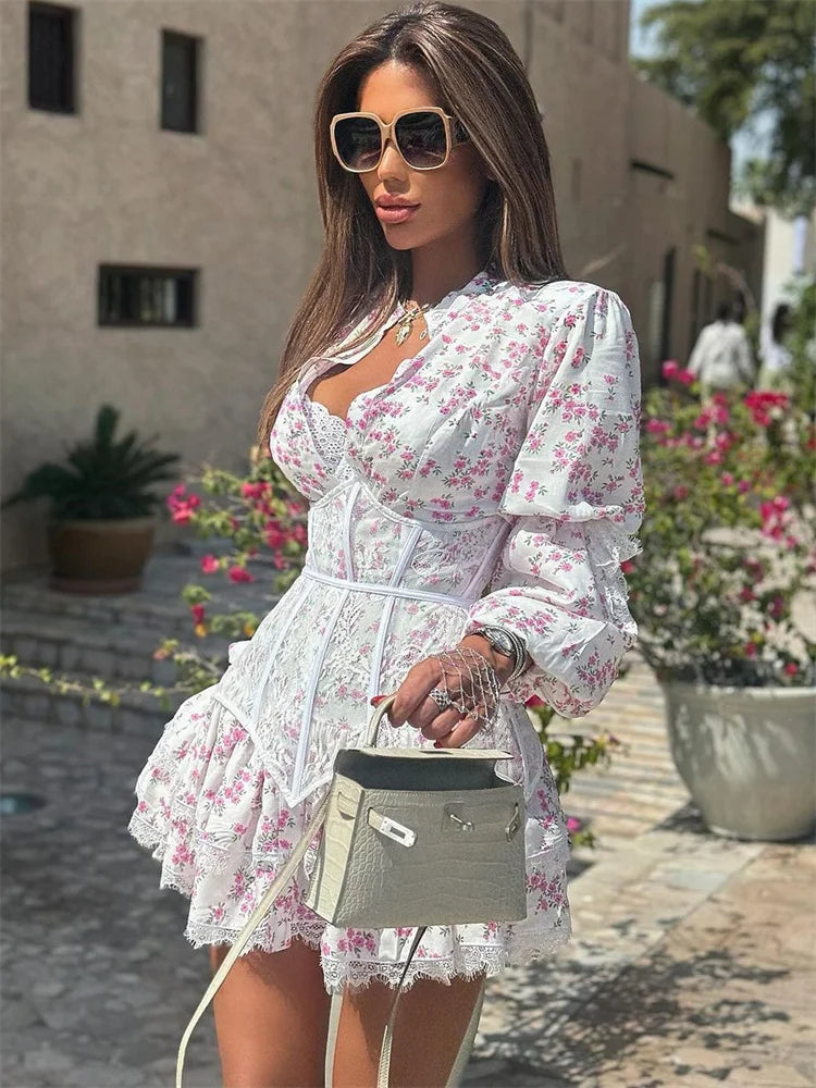Ruffled Vneck Lace Floral Dress