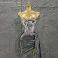 Golden Silver Women Sexy Strapless Shinning Crystal 2 Pieces Bodycon Mini Dress Birthday Party Photo Shoot Celebrate Stage Wear Silver