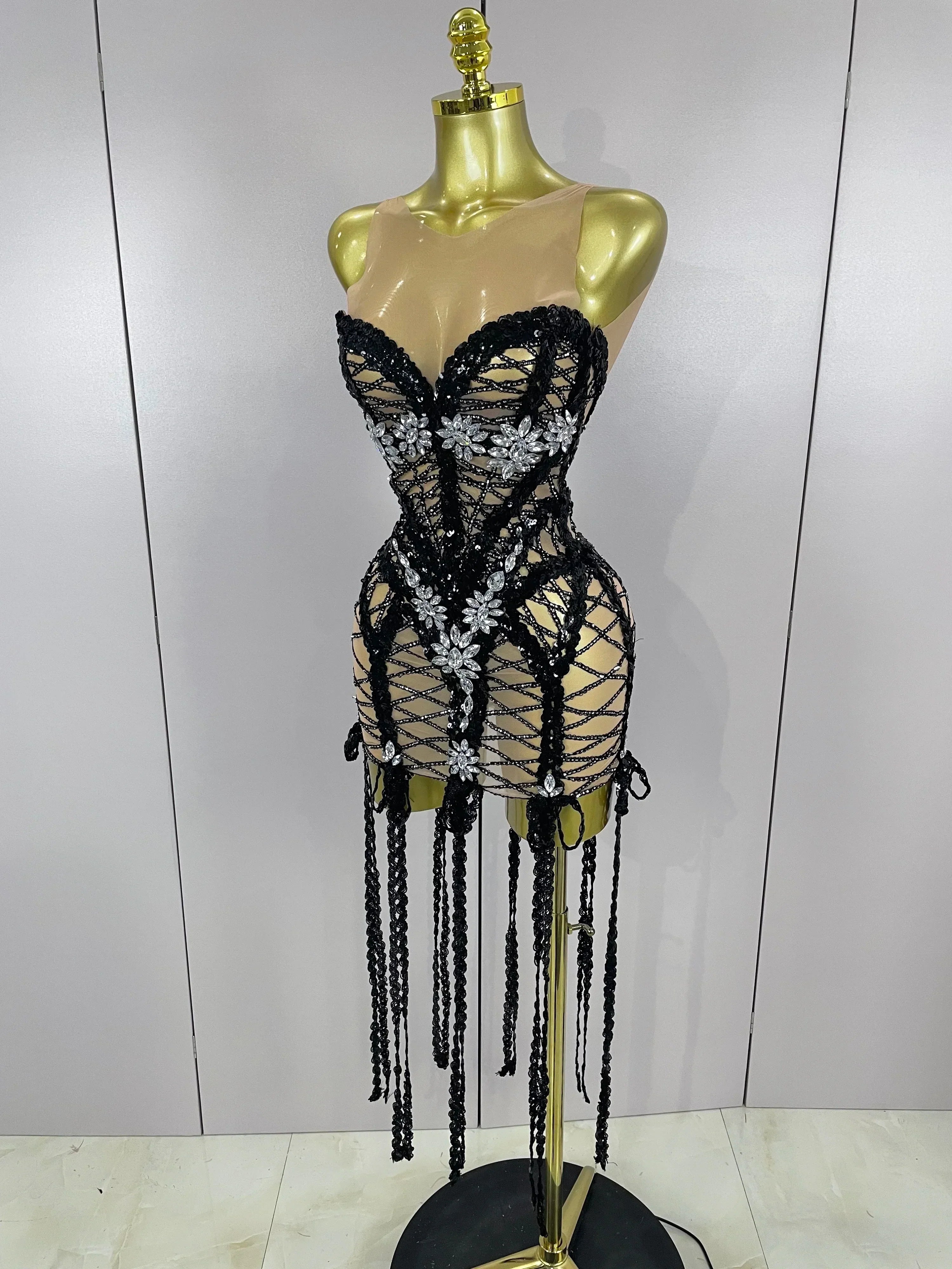 Sparkle Sequins Embroider Diamonds Sleeveless Long Tassel Mini Dress Women Celebrate Evening Birthday Dress Stage Costume