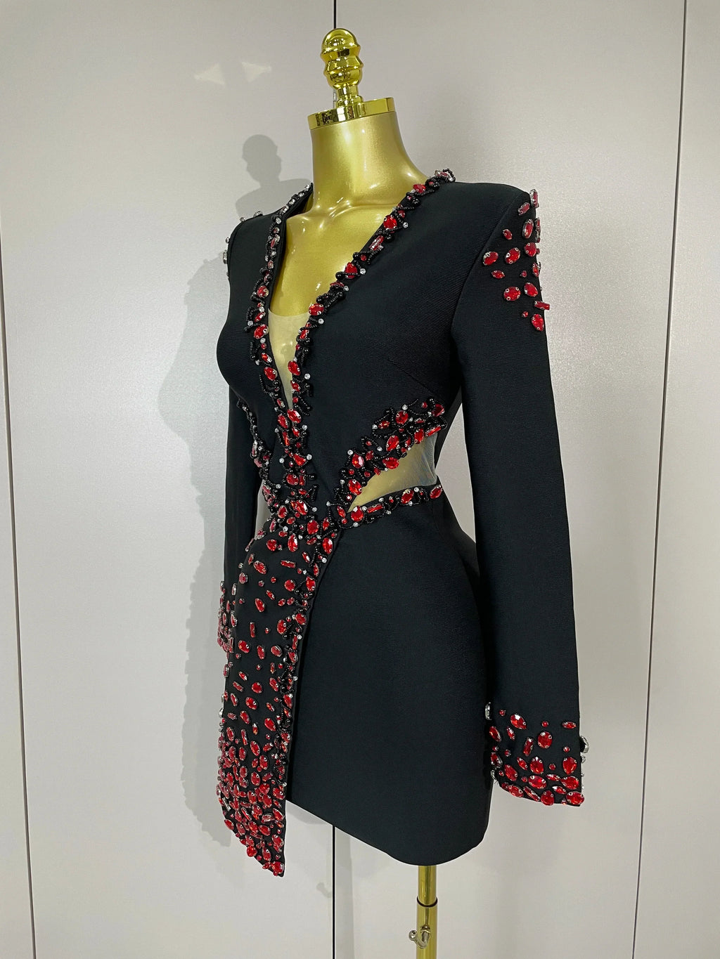 Women Celebrity Sexy Long Sleeve V Neck Rhinestone Black Bandage Dress  Elegant Evening Club Luxury Birthday Party Dresses