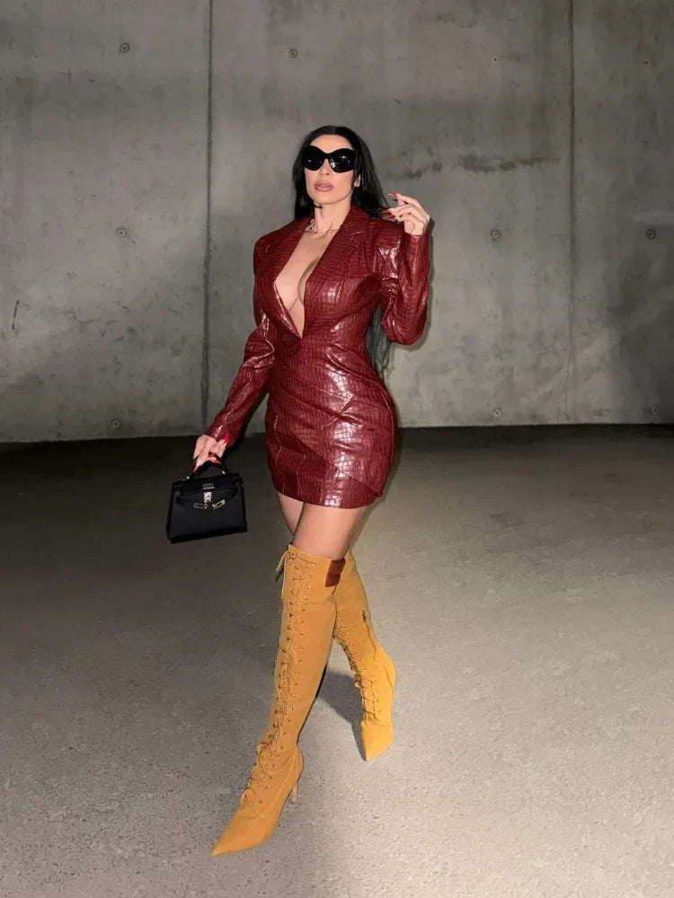 Women Sexy Deep V Red Lattice Leather Mini Dress Fashion Long Sleeve High Waist Fold Slim Dresses Lady Highstreet Short Robe