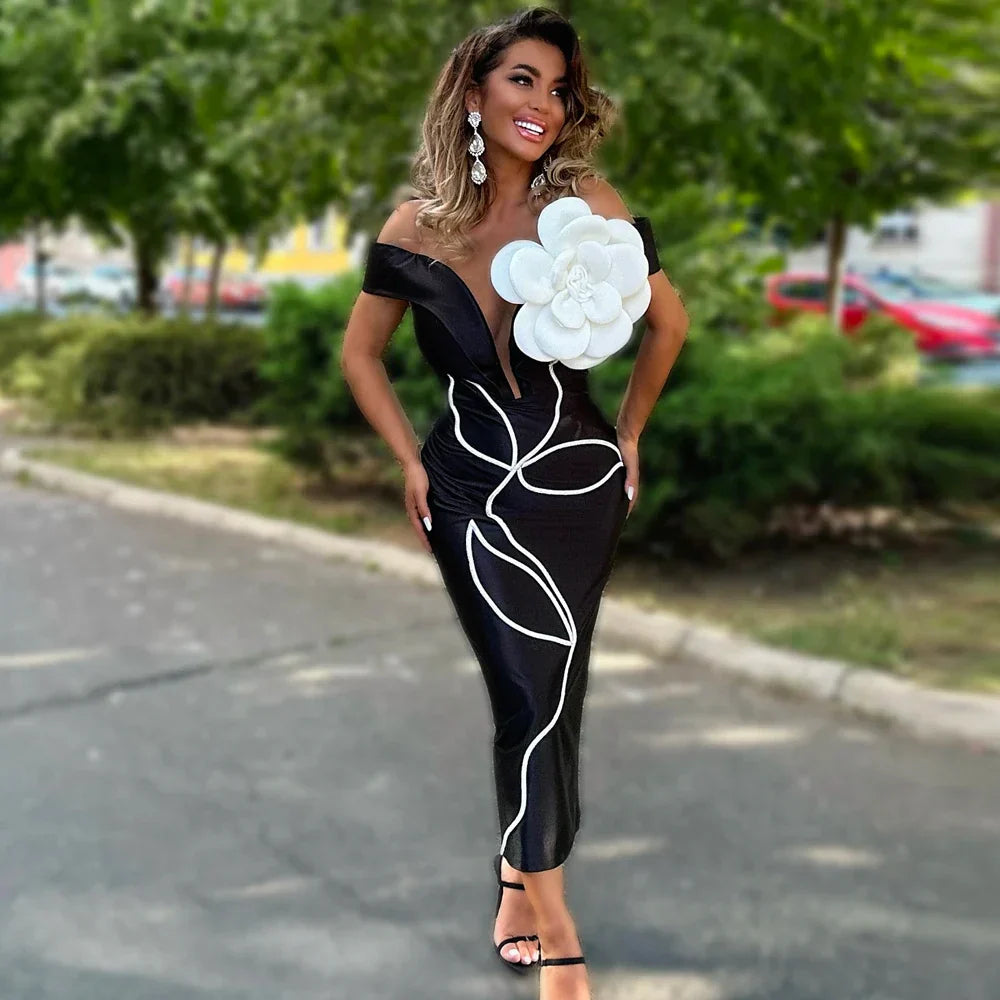 Black Red Color Women Sexy Strapless Big Flowers Bodycon Bandage Long Dress Celebrate Birthday Vacation Cocktail Dress Wholesale