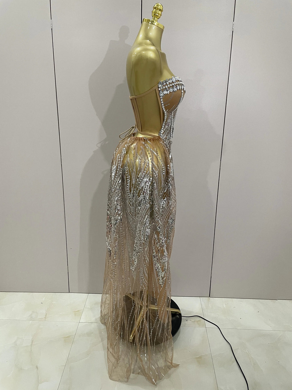 Sparkly Rhinestone Sequins Sexy Strapless See-Through Long Dress Women Evening Birthday Party Dress Nightclub Stage Costume