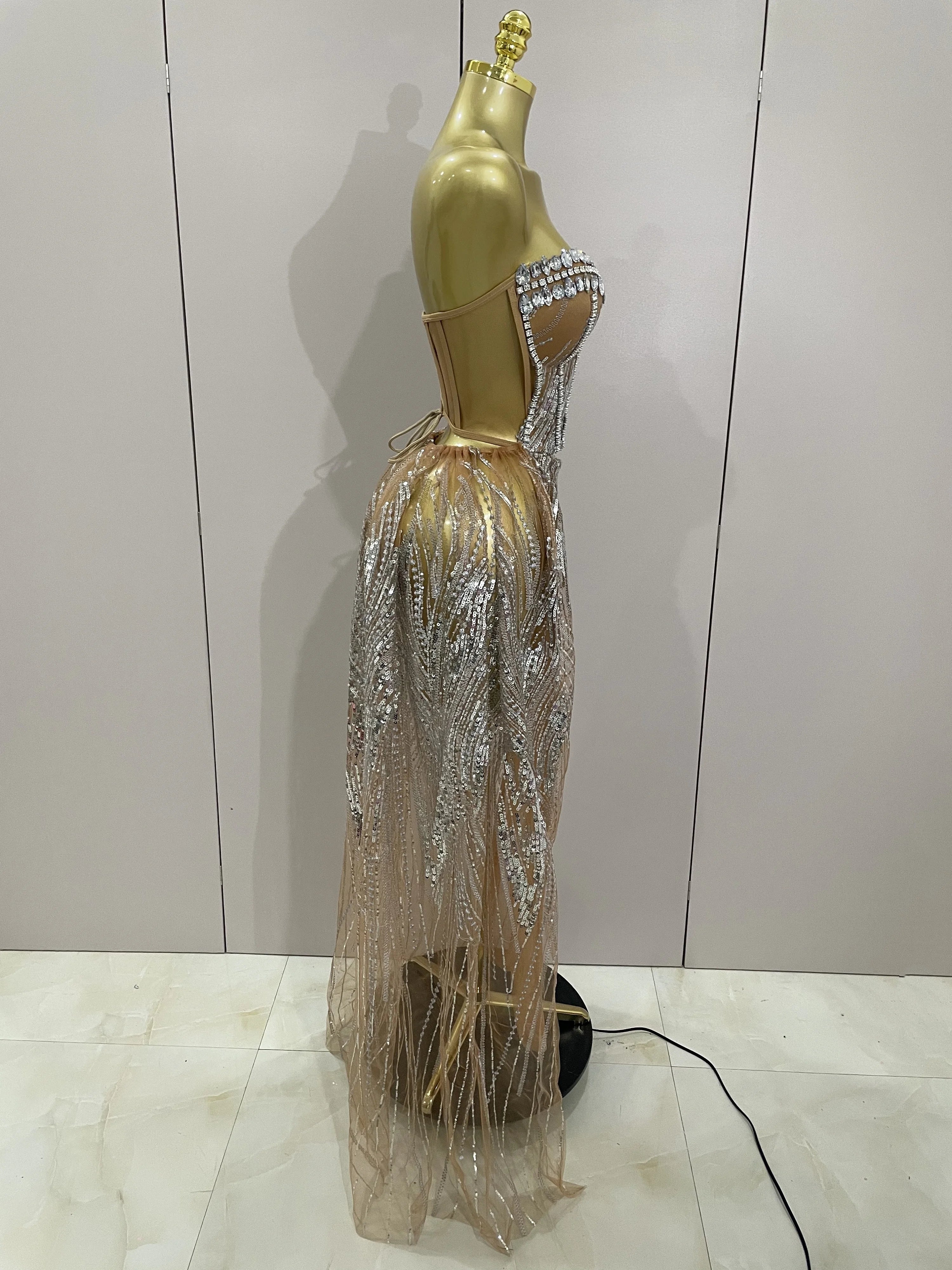 Sparkly Rhinestone Sequins Sexy Strapless See-Through Long Dress Women Evening Birthday Party Dress Nightclub Stage Costume