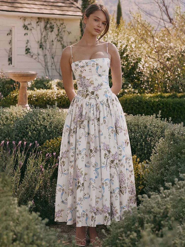 Pleated Print Aline Spaghetti Summer Dress