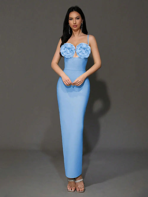 2024 Sexy Women'S Light Luxury Flower Design Bandage Dress Spaghetti Strap Sleeveless Bodycon Backless Long Dresses Vestidos
