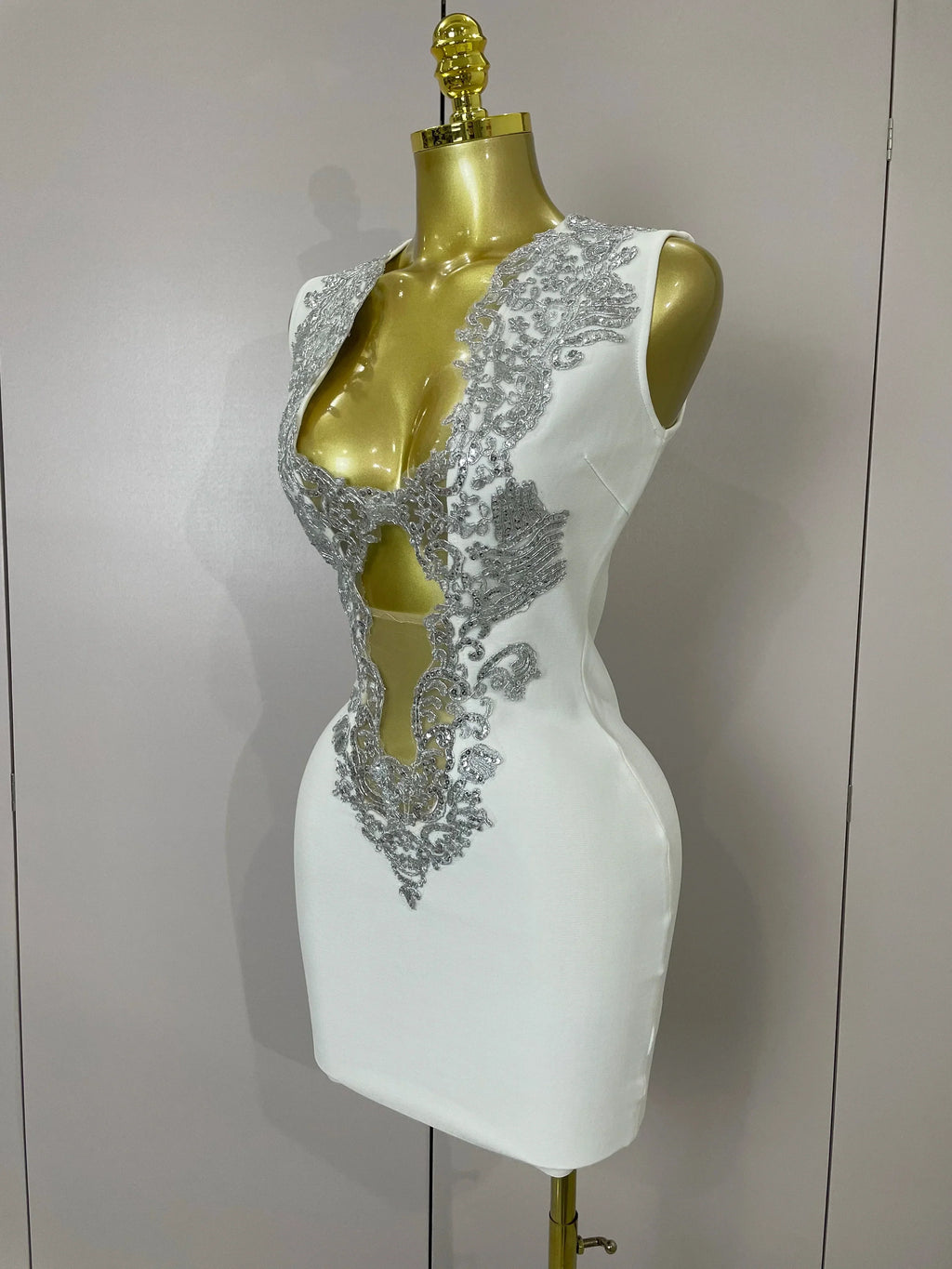 Sexy Silver Sequin White V Neck Cut Out Short Bandage Dress Women  Elegant Luxury Birthday Party Club Wedding Vestidos