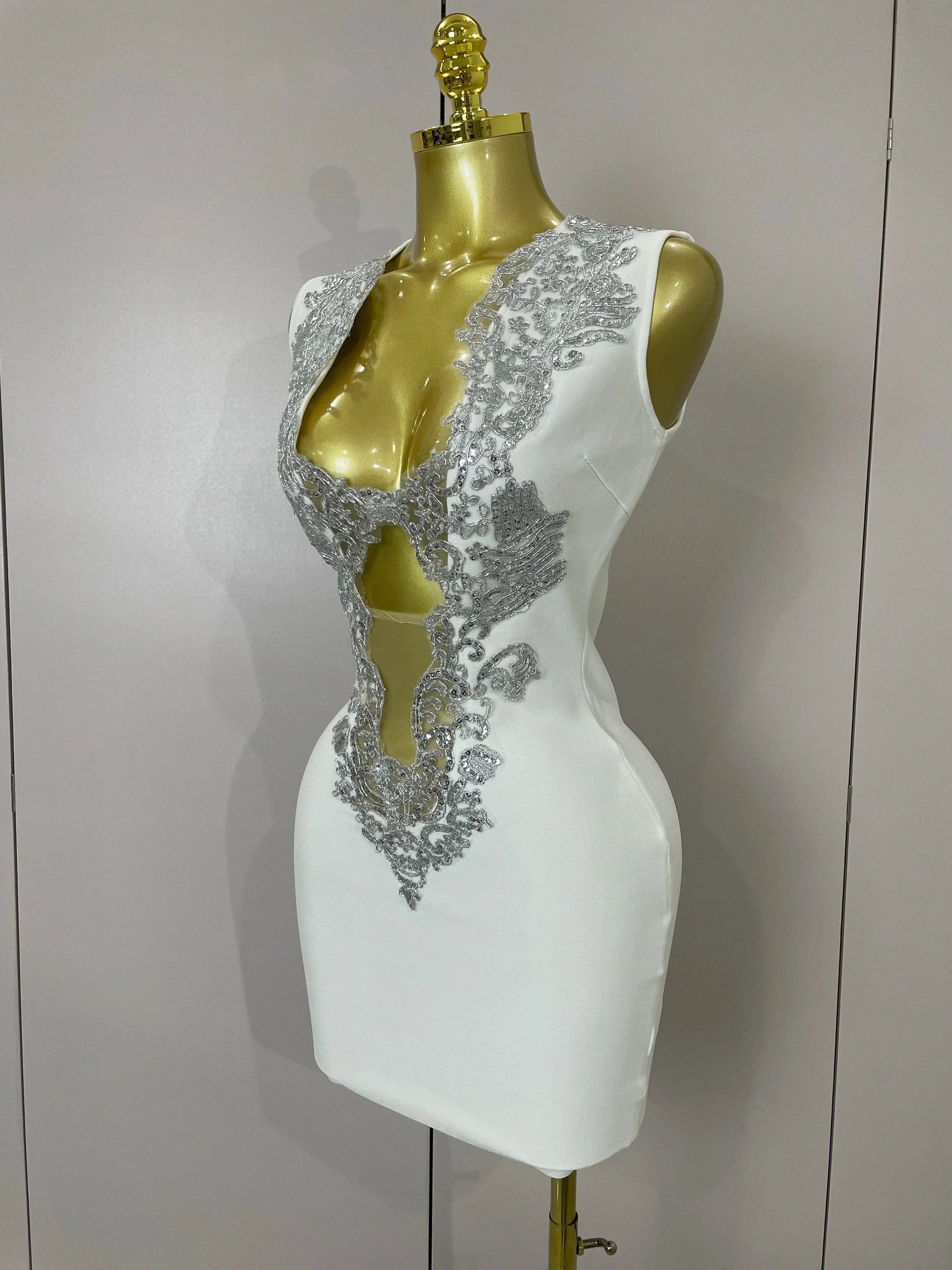 Sexy Silver Sequin White V Neck Cut Out Short Bandage Dress Women  Elegant Luxury Birthday Party Club Wedding Vestidos