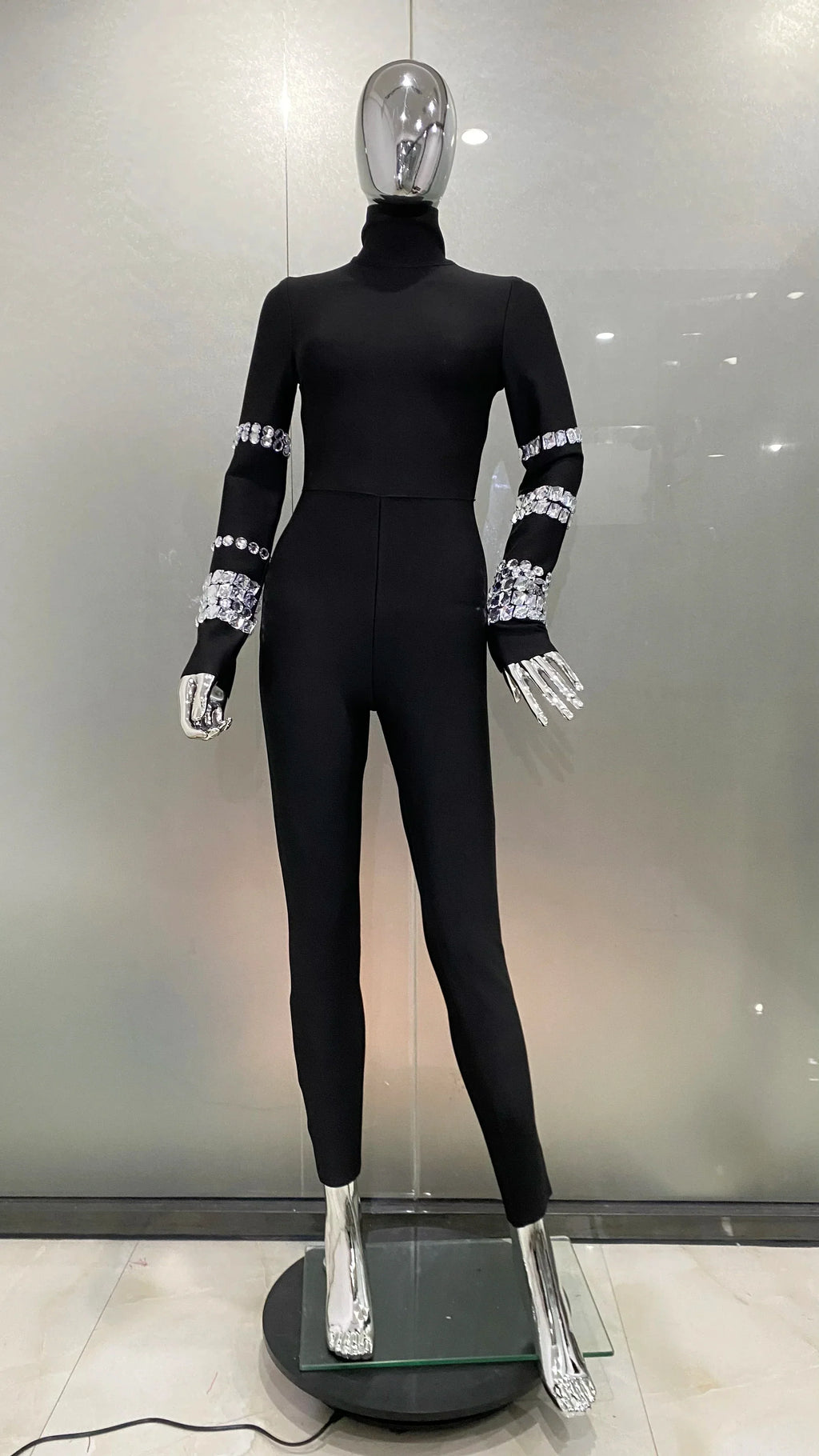 Arrival Shining Diamonds Sleeve Black Bodycom Bandage Jumpsuit Fashion Woman Party Outfit Nightclub Performance Costume black