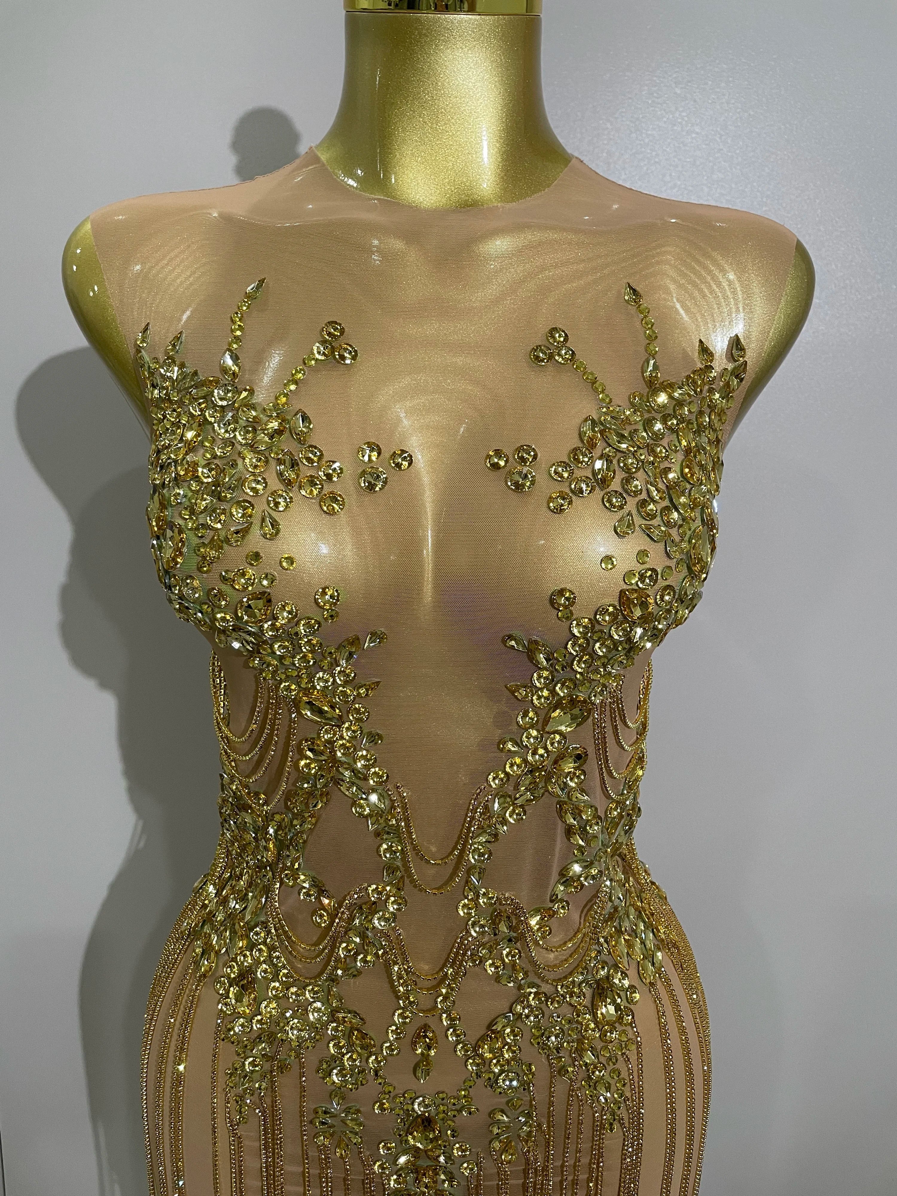 Luxury Sparkly Rhinestones Chain Sleeveless Mini Dress  Women Sexy Performance Dance Nightclub Outfit Birthday Party Dress