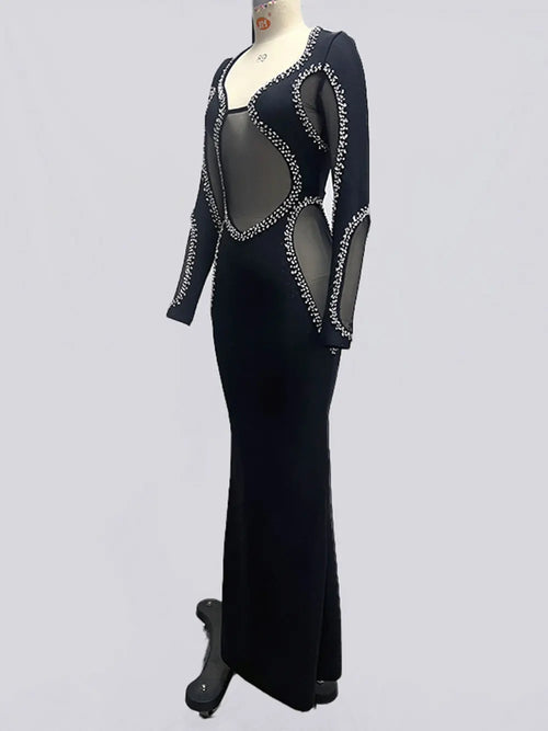 2024 Autumn Women's Light Luxury Diamond Mesh Patchwork Bandage Dress Long Sleeve Bodycon Tail Dresses Evening Party Vestidos