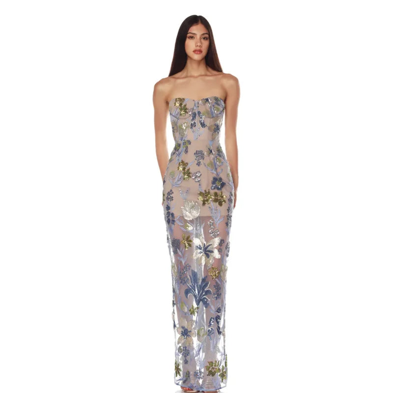 Sequin Flower Embroidery Sexy Mesh See Through Strapless Ankle Length Dress Woman Evening Party Dress Celebrity Cocktail Vestido