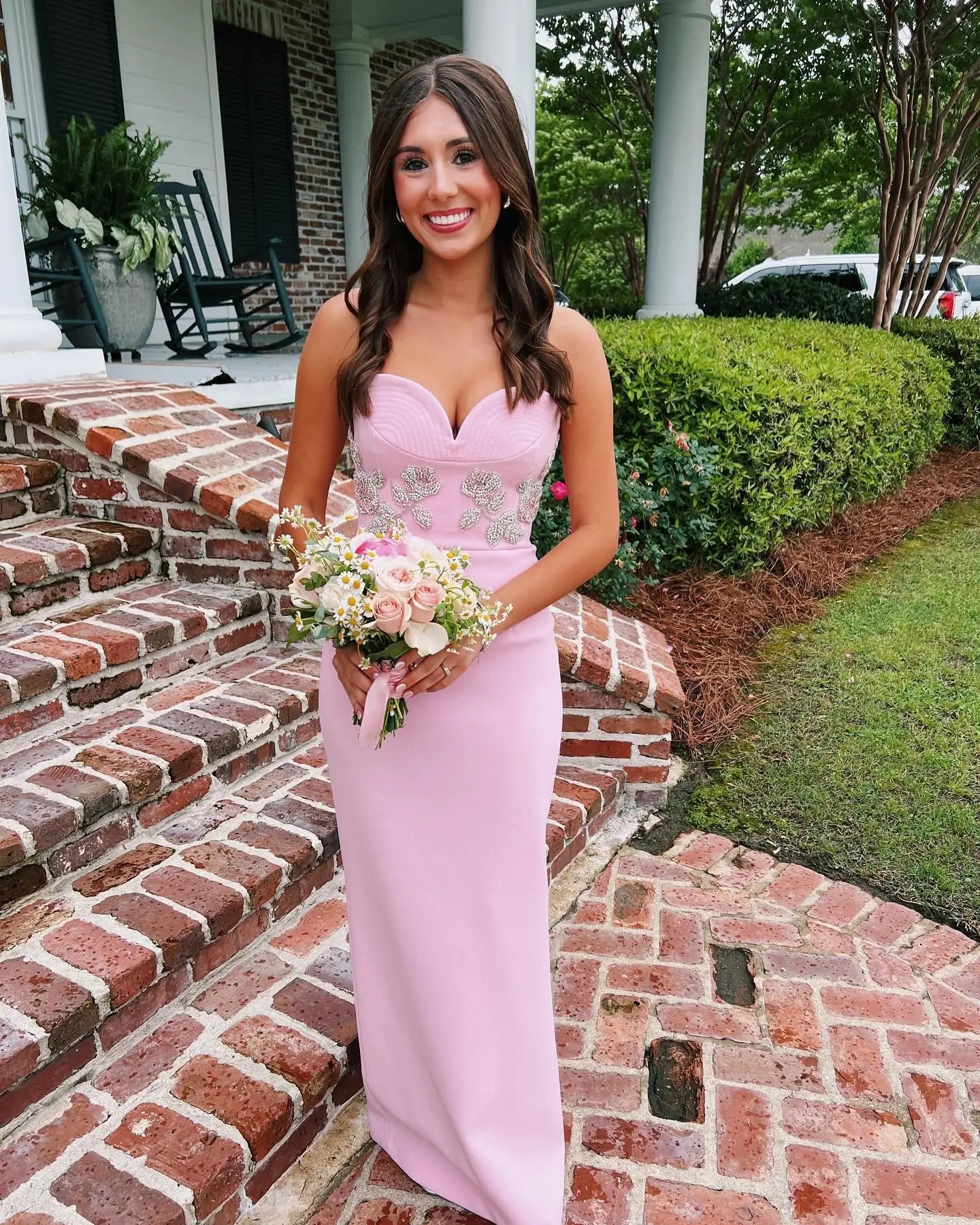 Stereoscopic Diamond Flowers Strapless Pink Ankle Lenght Bandage Dress Woman Birthday Party Vestido Celebrity Party Outfit Pink