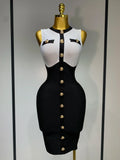 Arrivals Fashionable Women Bandage Golden Buttons White Black Patchwork Sleeveless Bodycon Elegant Party Dresses WHITE