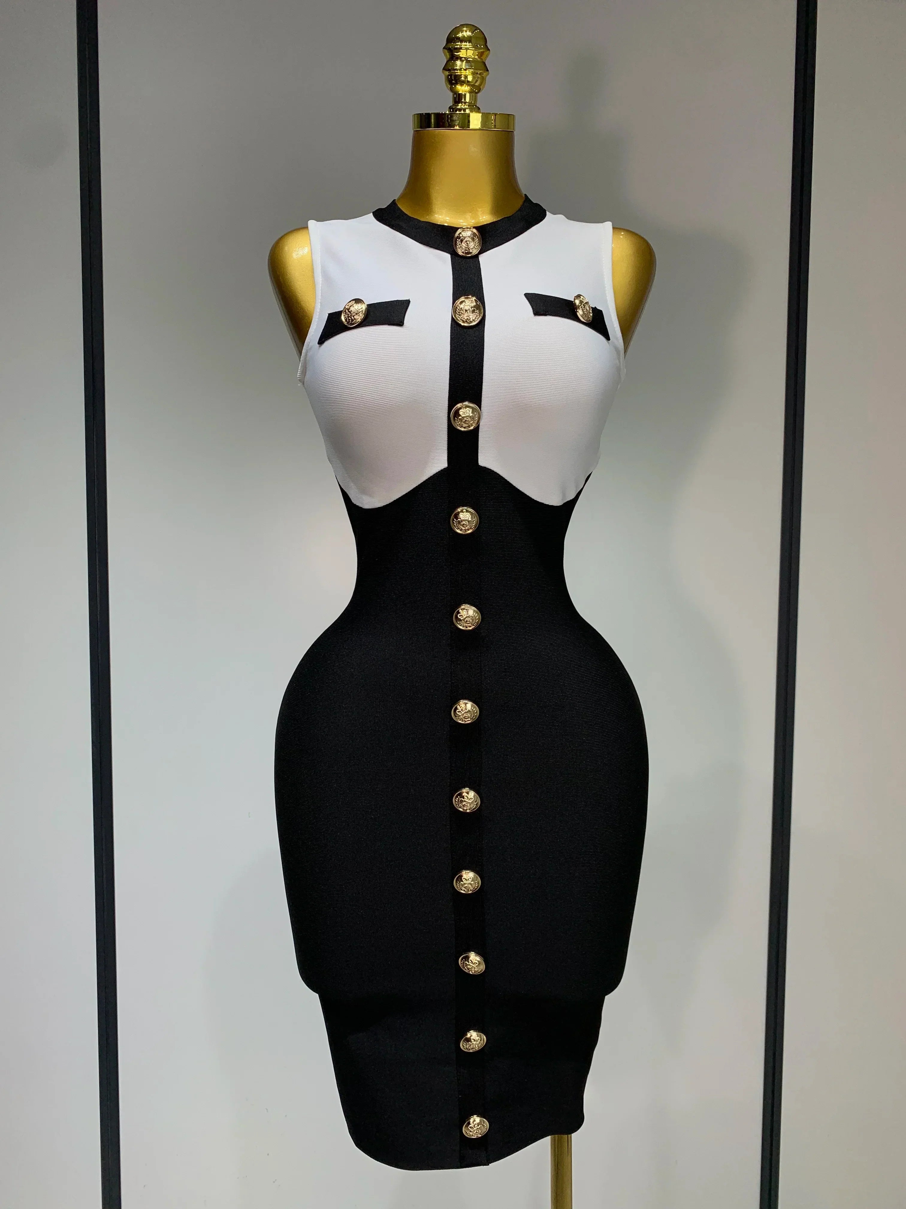 Arrivals Fashionable Women Bandage Golden Buttons White Black Patchwork Sleeveless Bodycon Elegant Party Dresses WHITE