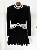Sexy Women's Open Waist Tassel Velvet Dress Stand Collar Long Sleeve Slimming Mini Dress Celebrity Evening Party Vestidos black