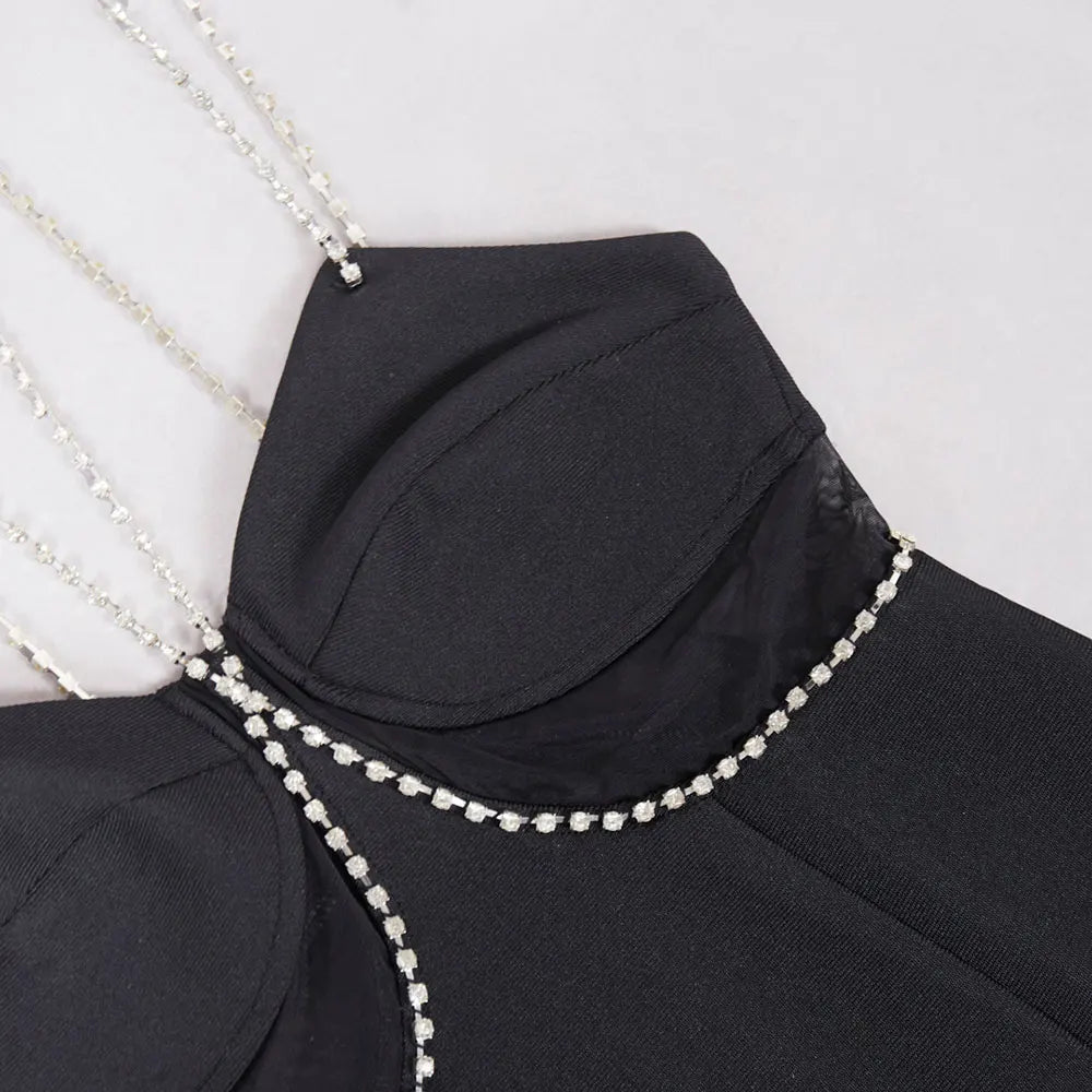 Spring Women's Water Diamond Chain Strap Sleeveless Bandage Dress Patchwork Bodycon Long Dress Evening Club Party Vestidos