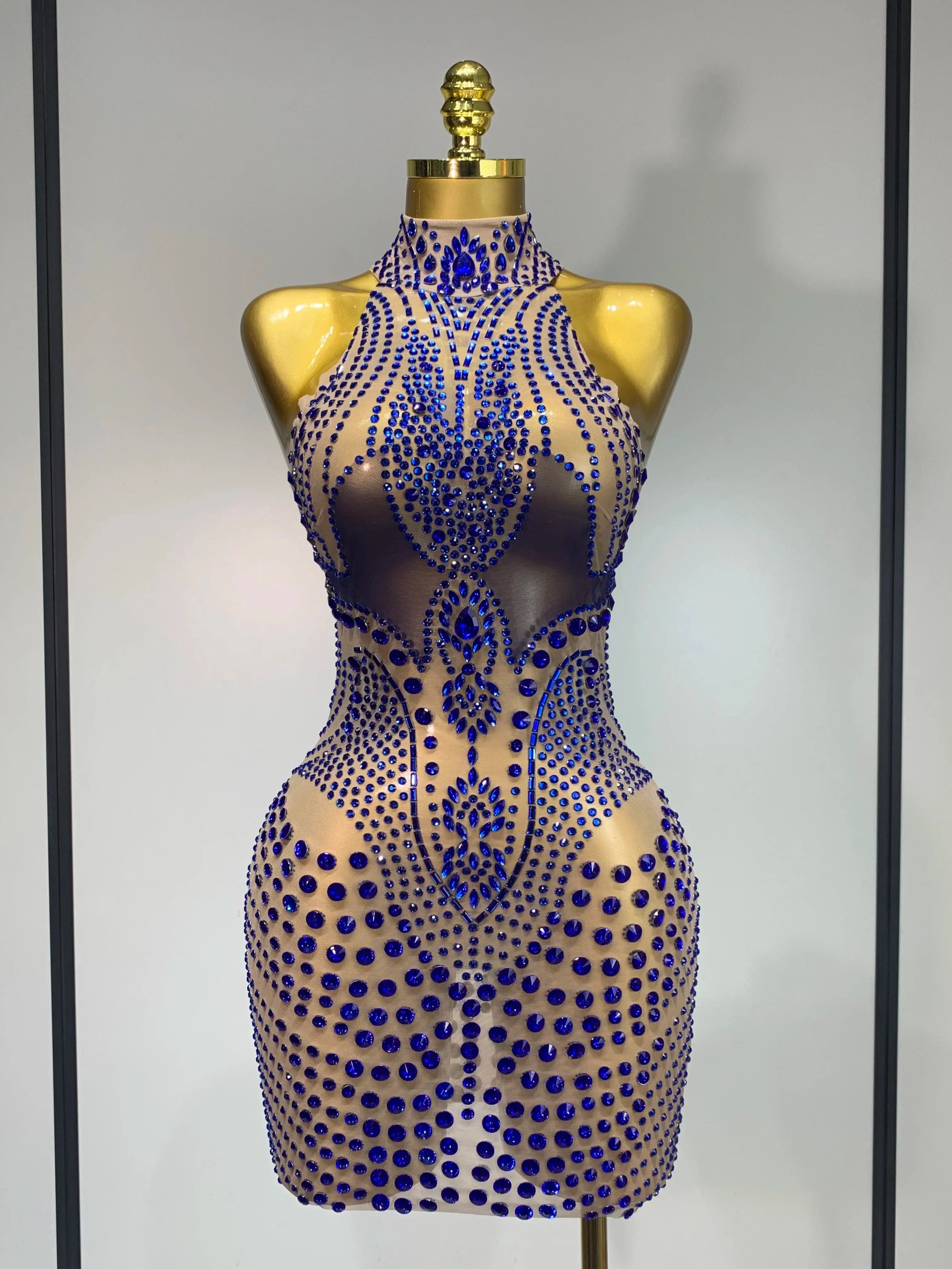 Luxury Birthday Dress Women Rhinestones Sexy Transparent Mesh Mini Dress Evening Party Nightclub Stage Performance Costume Blue