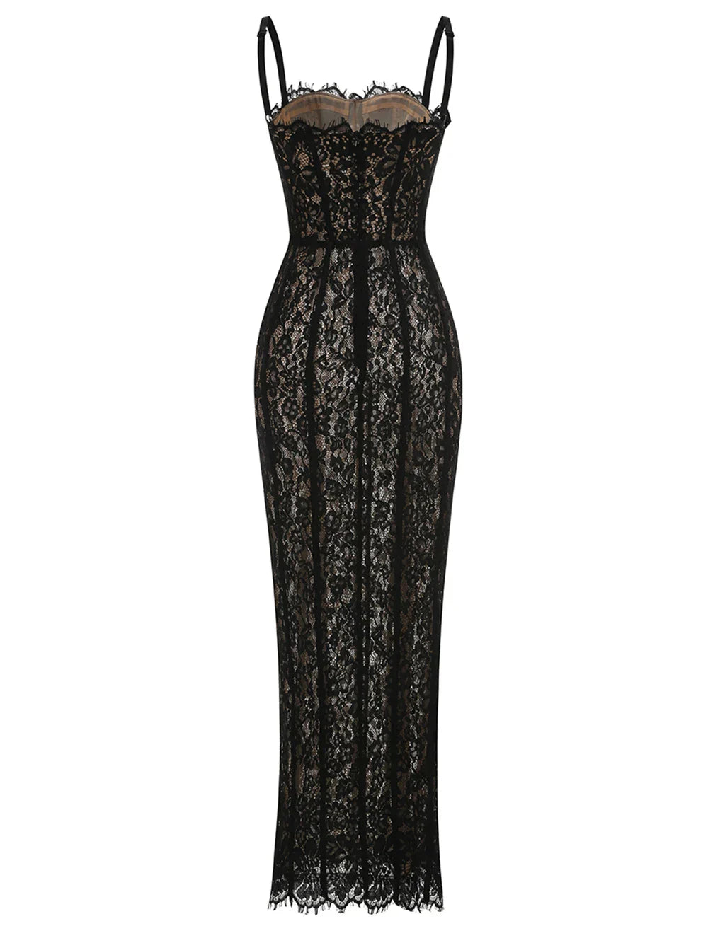 Elegant Lace Spaghetti Strap Long Dress Women Slim Sleeveless Sling Evening Party Gowns Summer Female Fashion Robe
