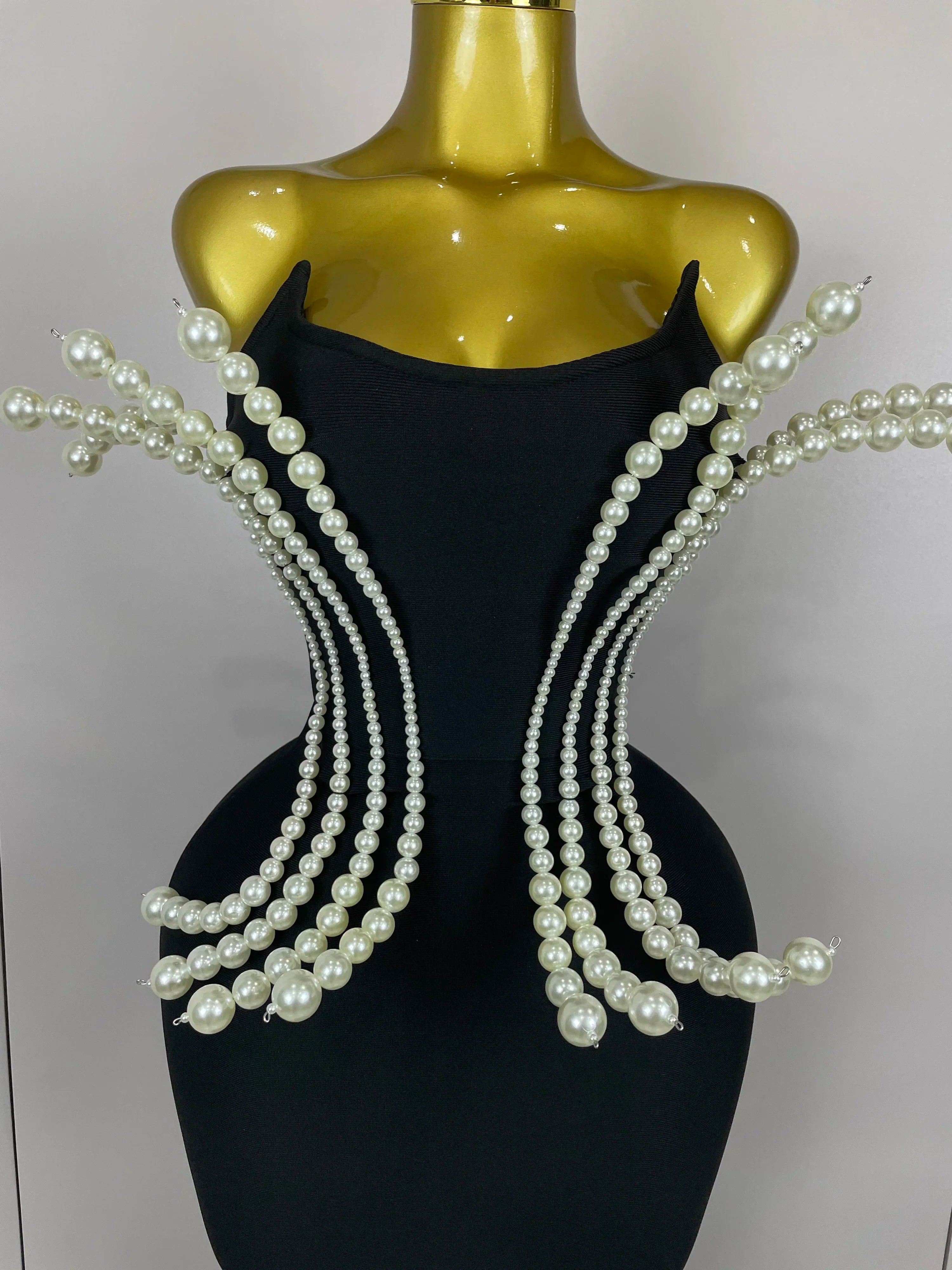 Sexy Strapless Pearl Beading Bodycon Long Bandage Dress  Women Fashion Elegant Evening Party Luxury Birthday Dresses