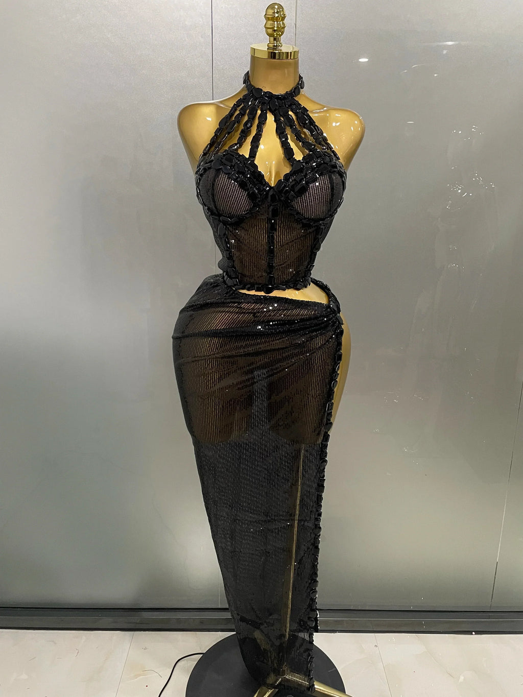Sexy Luxury Shiny Diamond Sequins Cocktail Dress 2Pcs Set Women Evening Celebrate Birthday Party Nightclub Stage costume black