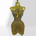 Sparkling Diamonds Sexy Hollow Out Blackless Mesh See Through Mini Dress Fashion Woman Evening Party Dress Birthday Party Outfit Yellow