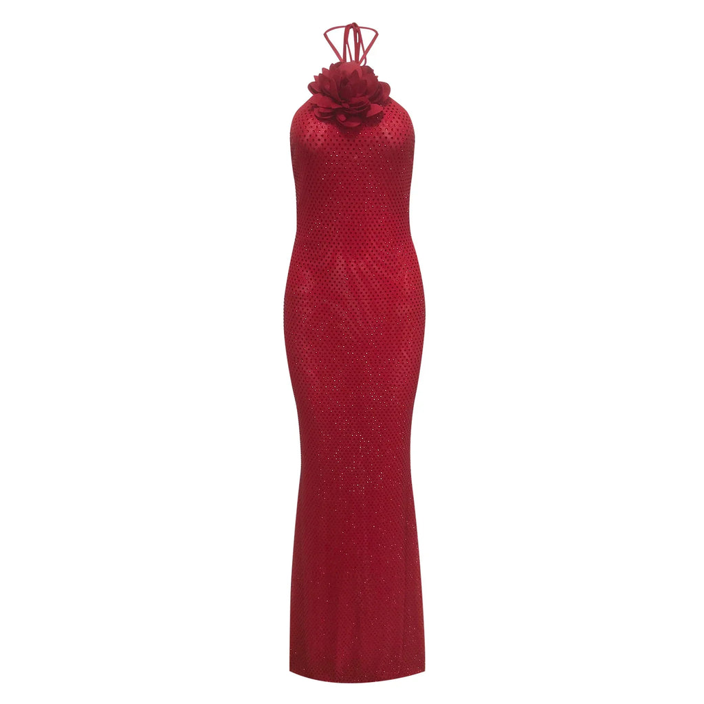 Women Sexy Halter Shinning Rhinestones Backless Bodycon Long Dress Celebrate Nightclub Party Wedding Outfit