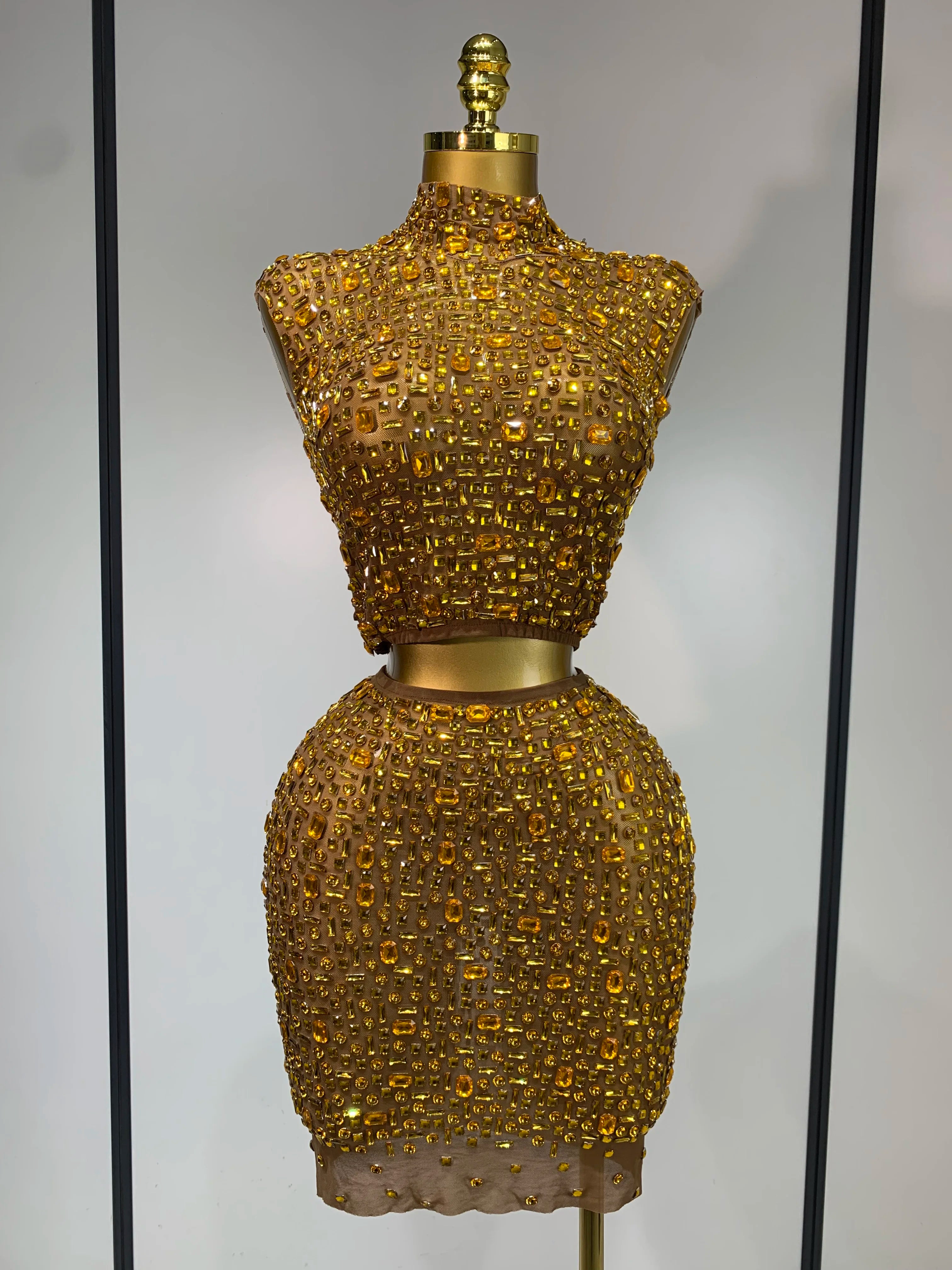 Luxury Rhinestone Mesh See Through Celebrate Birthday Dress Sparkly Top Short Skirt Two Pieces Sets Performance Stage Costume Gold