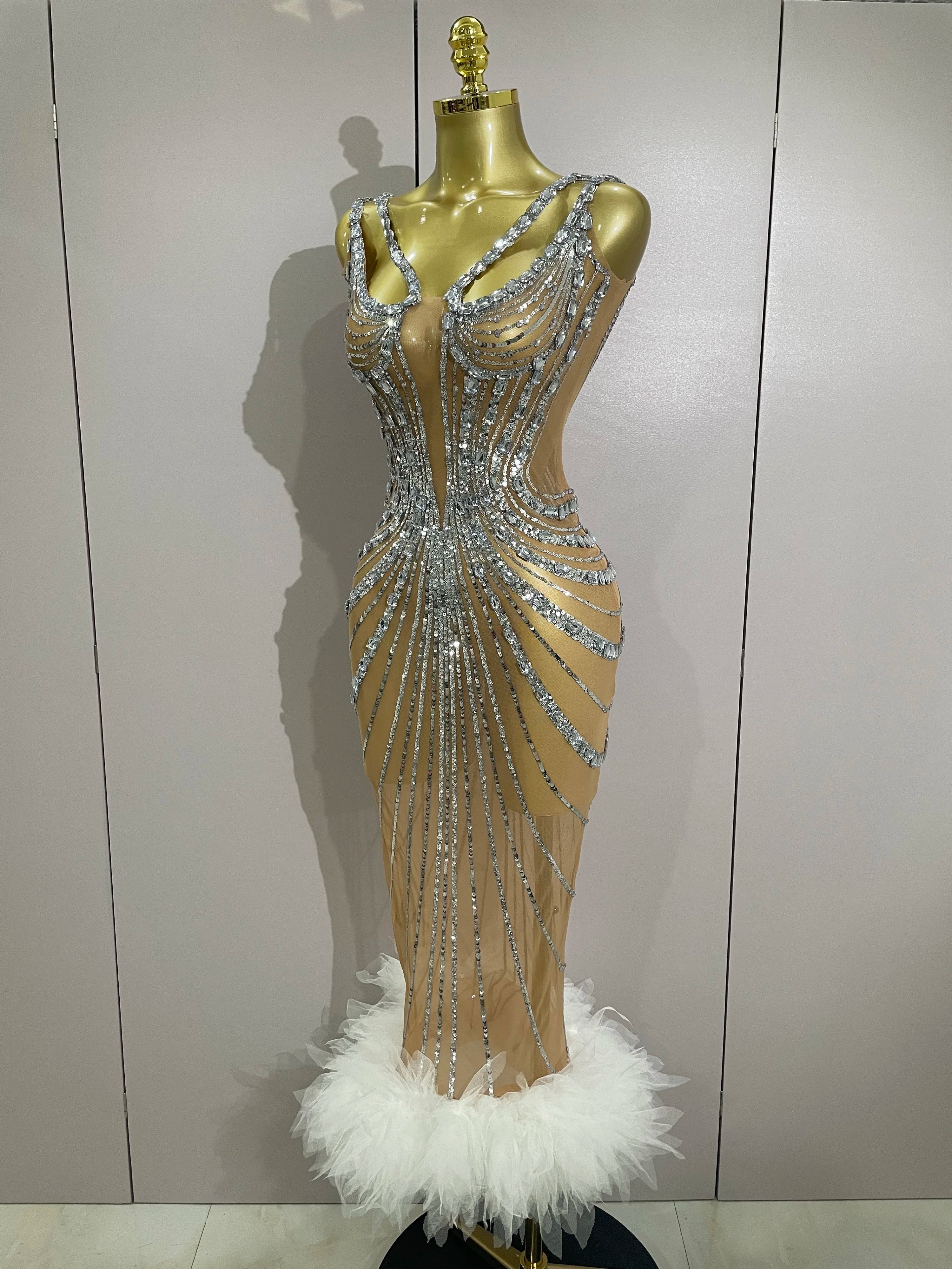 Luxury Sexy Silver Rhinestone Mesh See Through Long Dress  Women Birthday Party Prom Gown Singer Nightclub Stage Costume