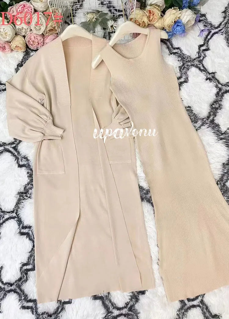 Casual Solid Knitted Sweater Long Dress Set Women Long Sleeve Loose Long Cardigan Coat&Sleeveless Mid length Dress Two Piece Set apricot